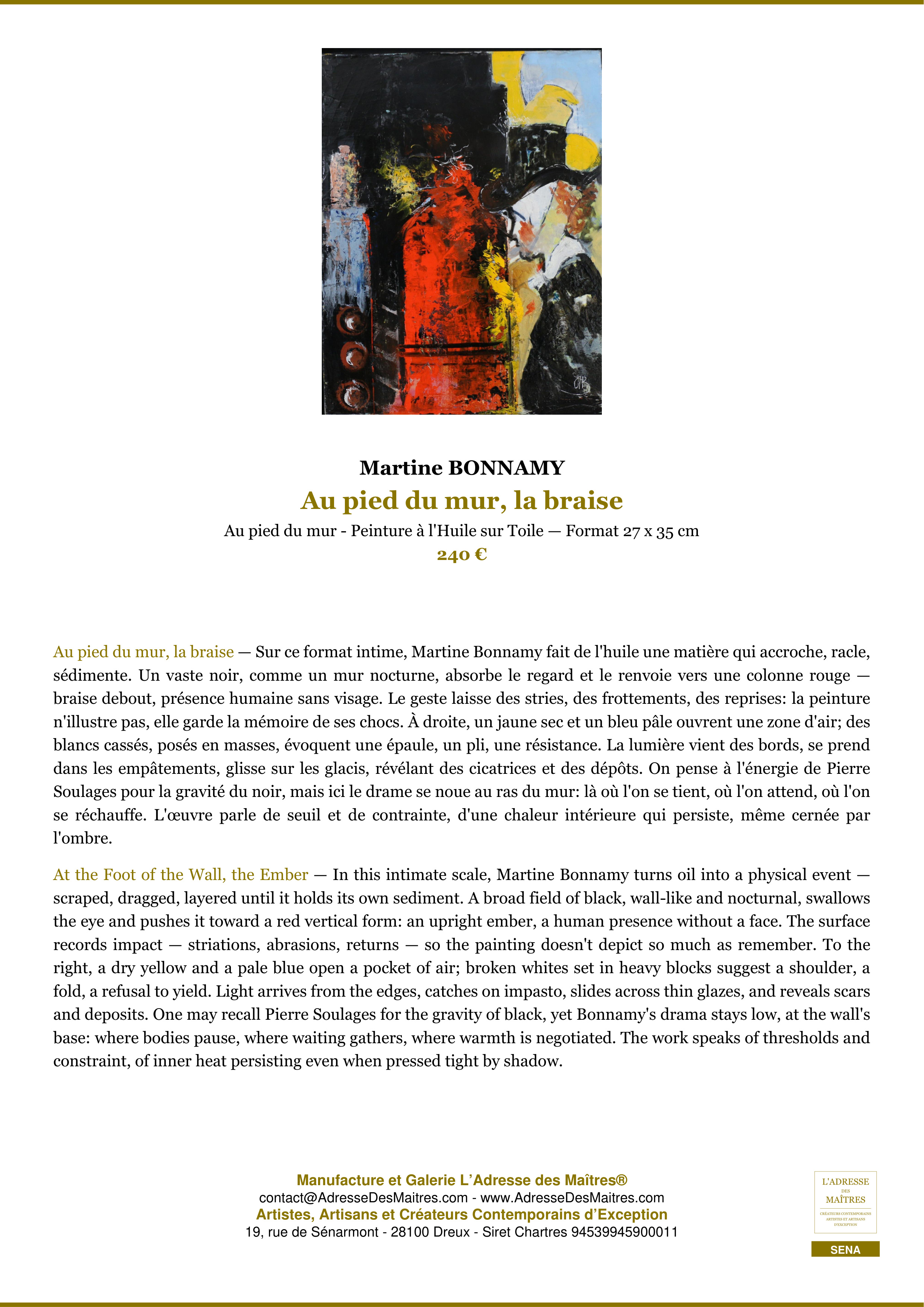 Fiche Premium — Au pied du mur, la braise — Martine BONNAMY — L'Adresse des Maîtres®