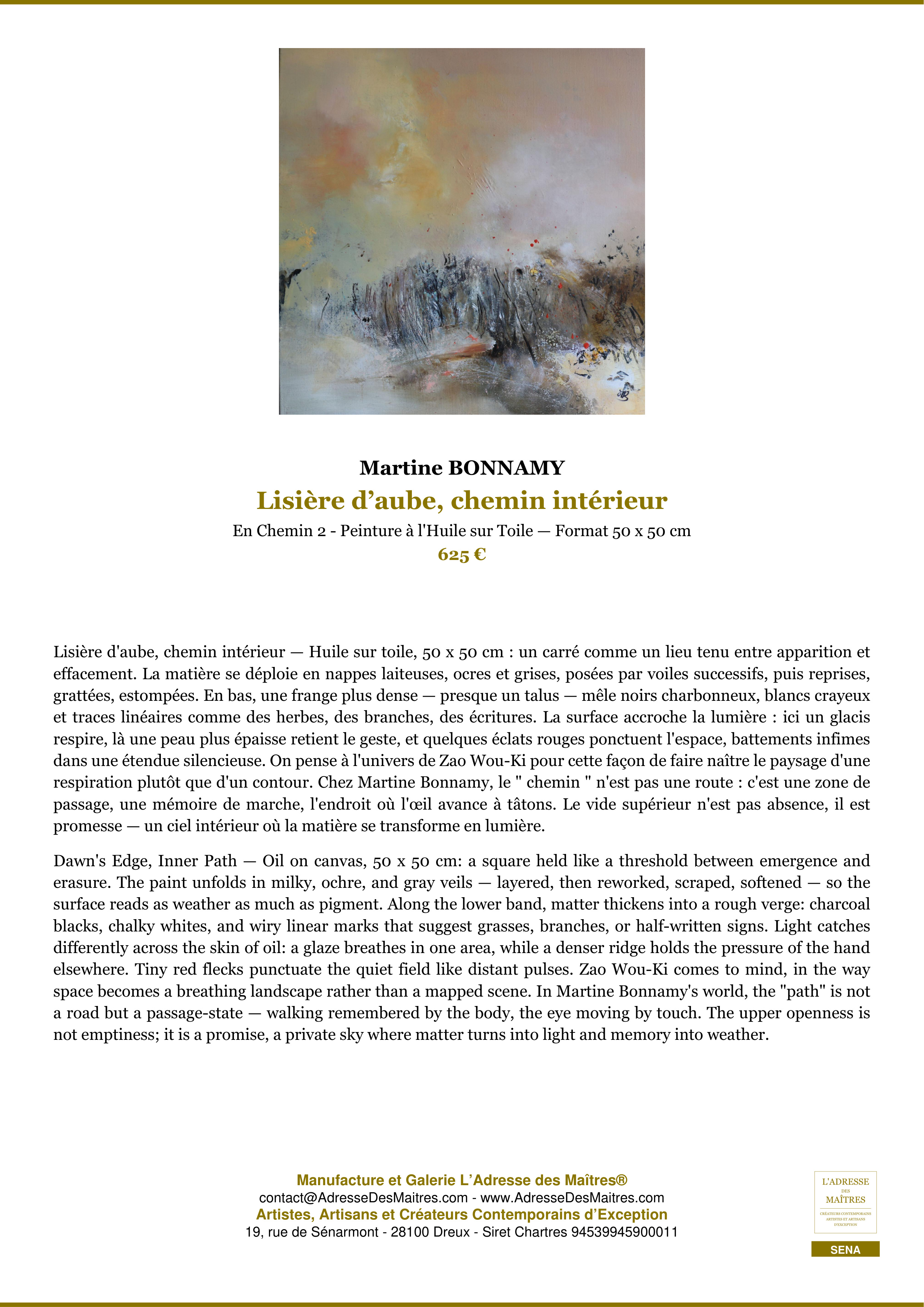 Fiche Premium — Lisière d’aube, chemin intérieur — Martine BONNAMY — L'Adresse des Maîtres®