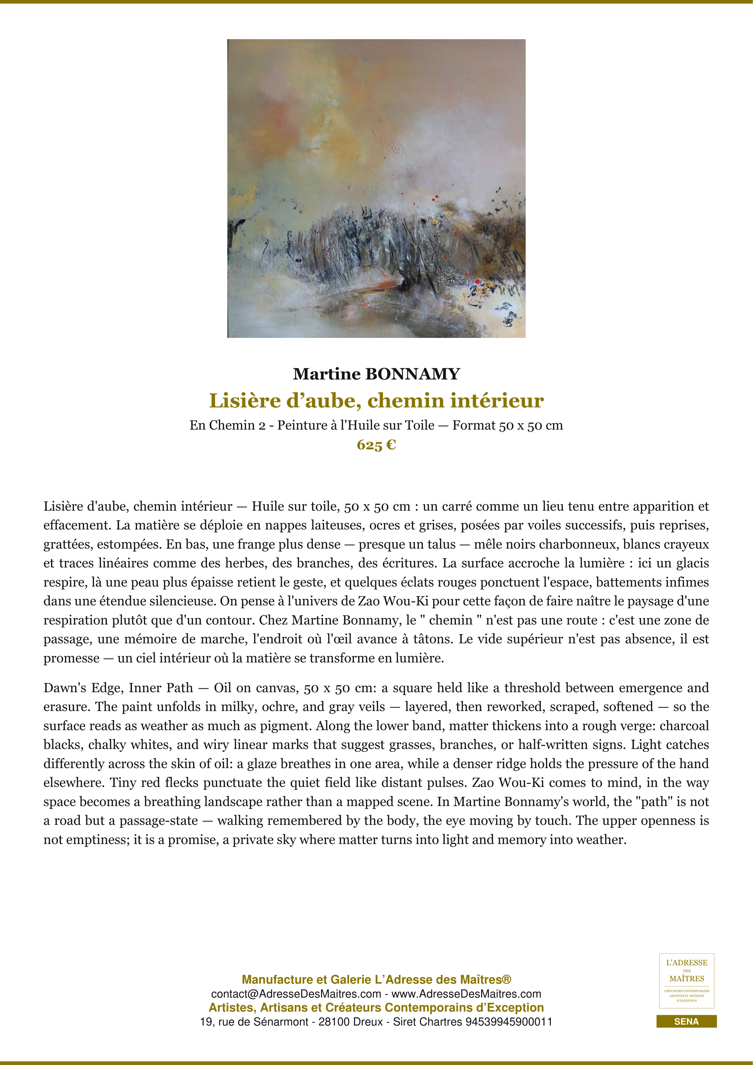 Fiche Premium — Lisière d’aube, chemin intérieur — Martine BONNAMY — L'Adresse des Maîtres®