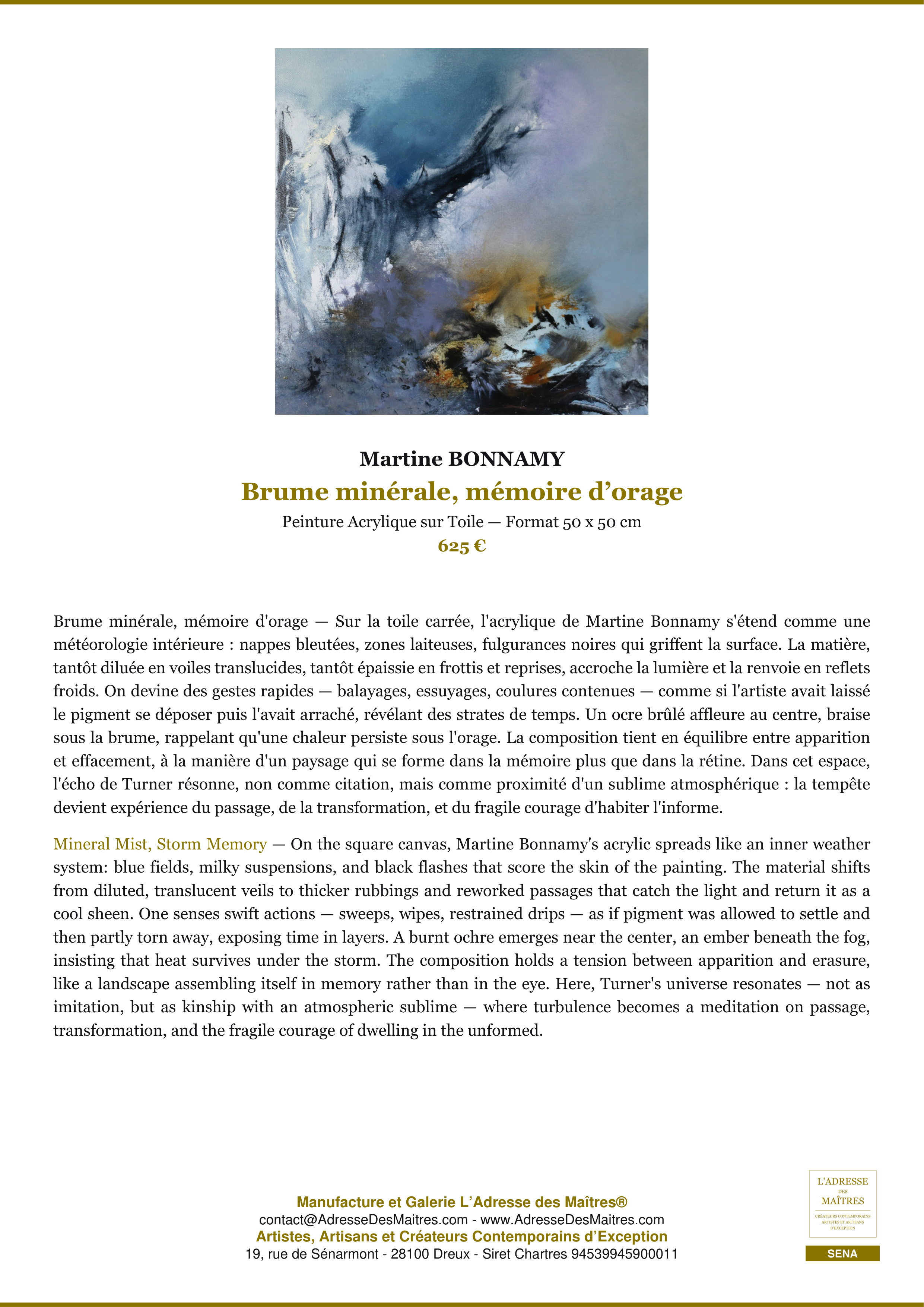 Fiche Premium — Brume minérale, mémoire d’orage — Martine BONNAMY — L'Adresse des Maîtres®