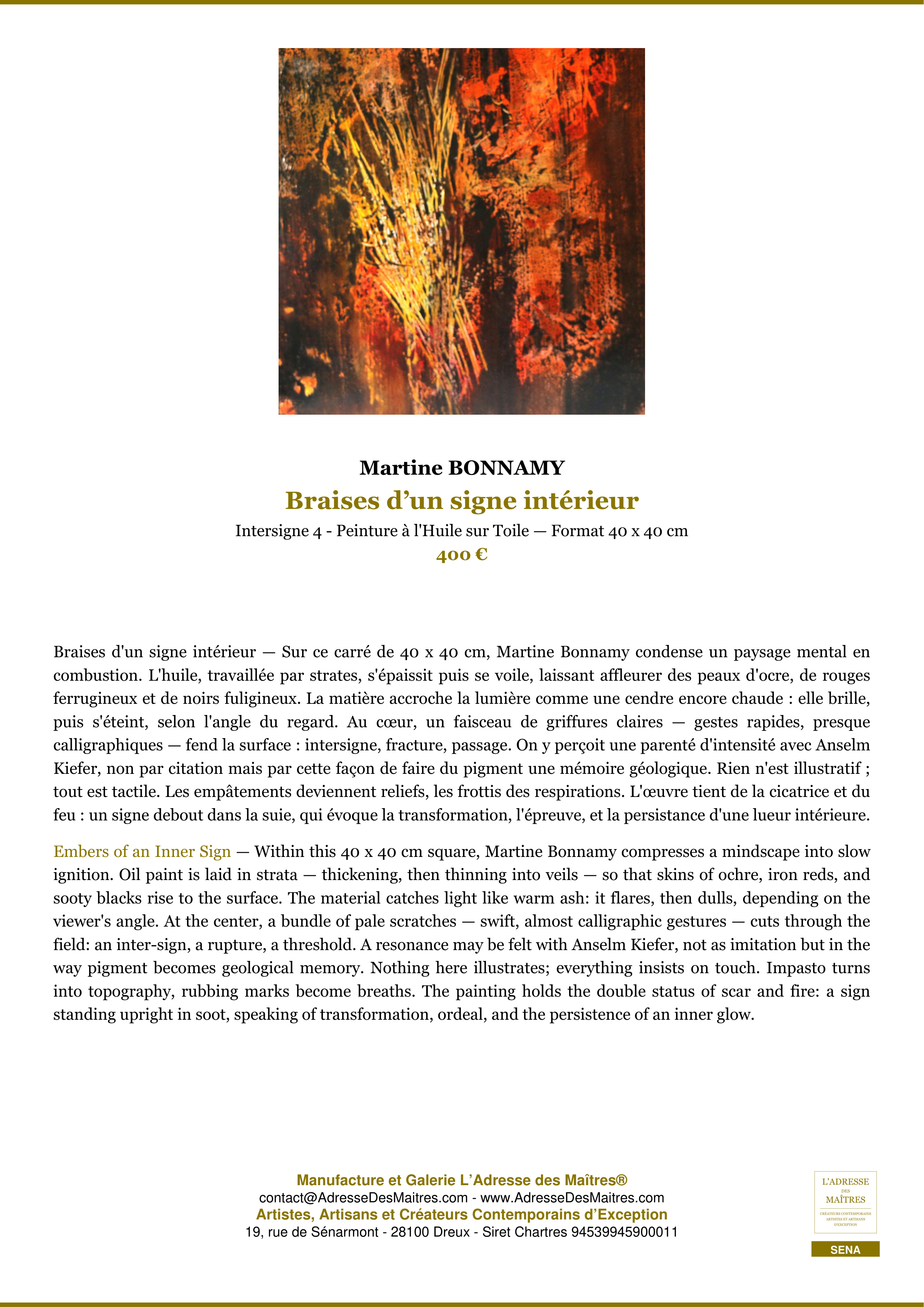 Fiche Premium — Braises d’un signe intérieur — Martine BONNAMY — L'Adresse des Maîtres®