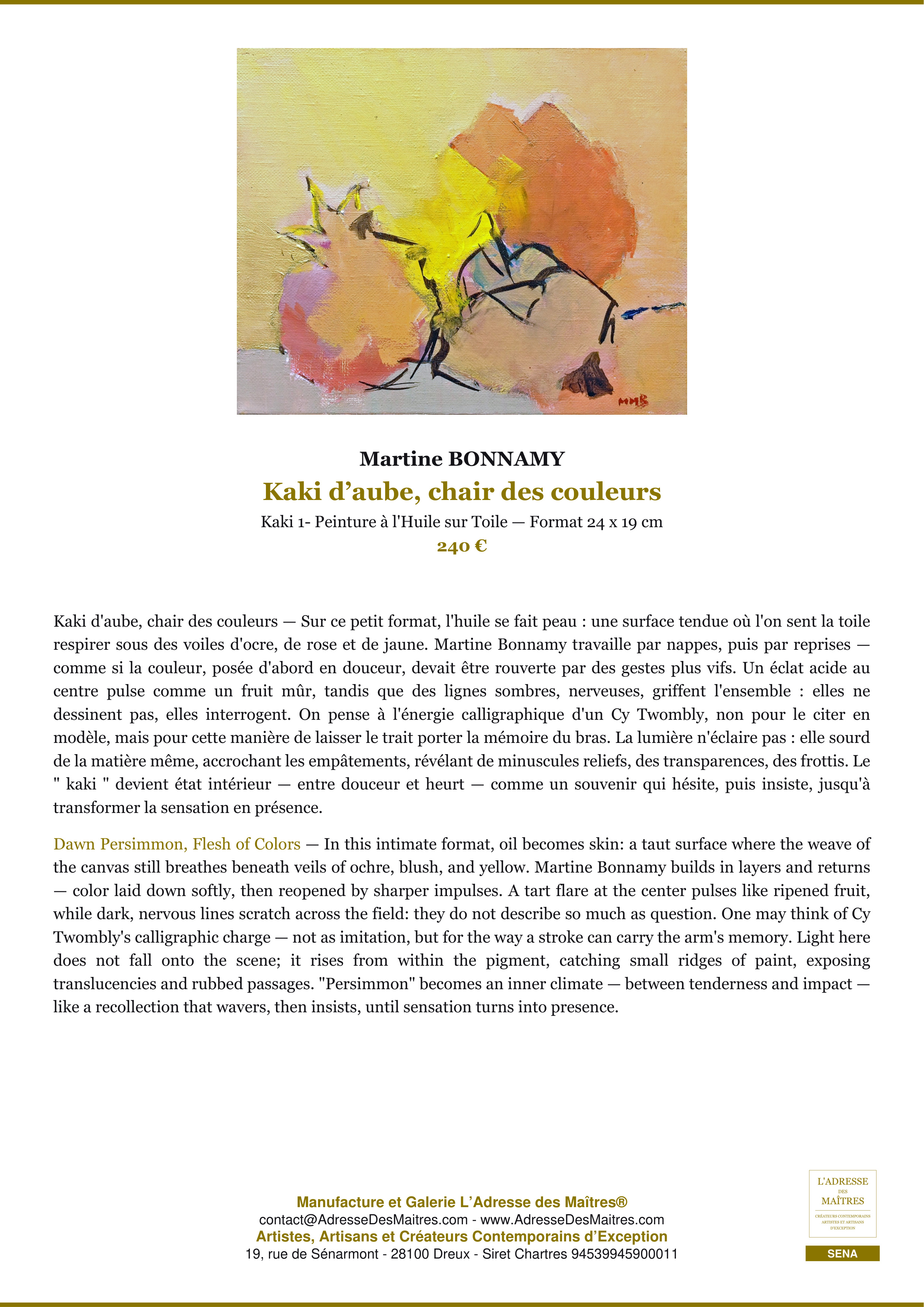 Fiche Premium — Kaki d’aube, chair des couleurs — Martine BONNAMY — L'Adresse des Maîtres®