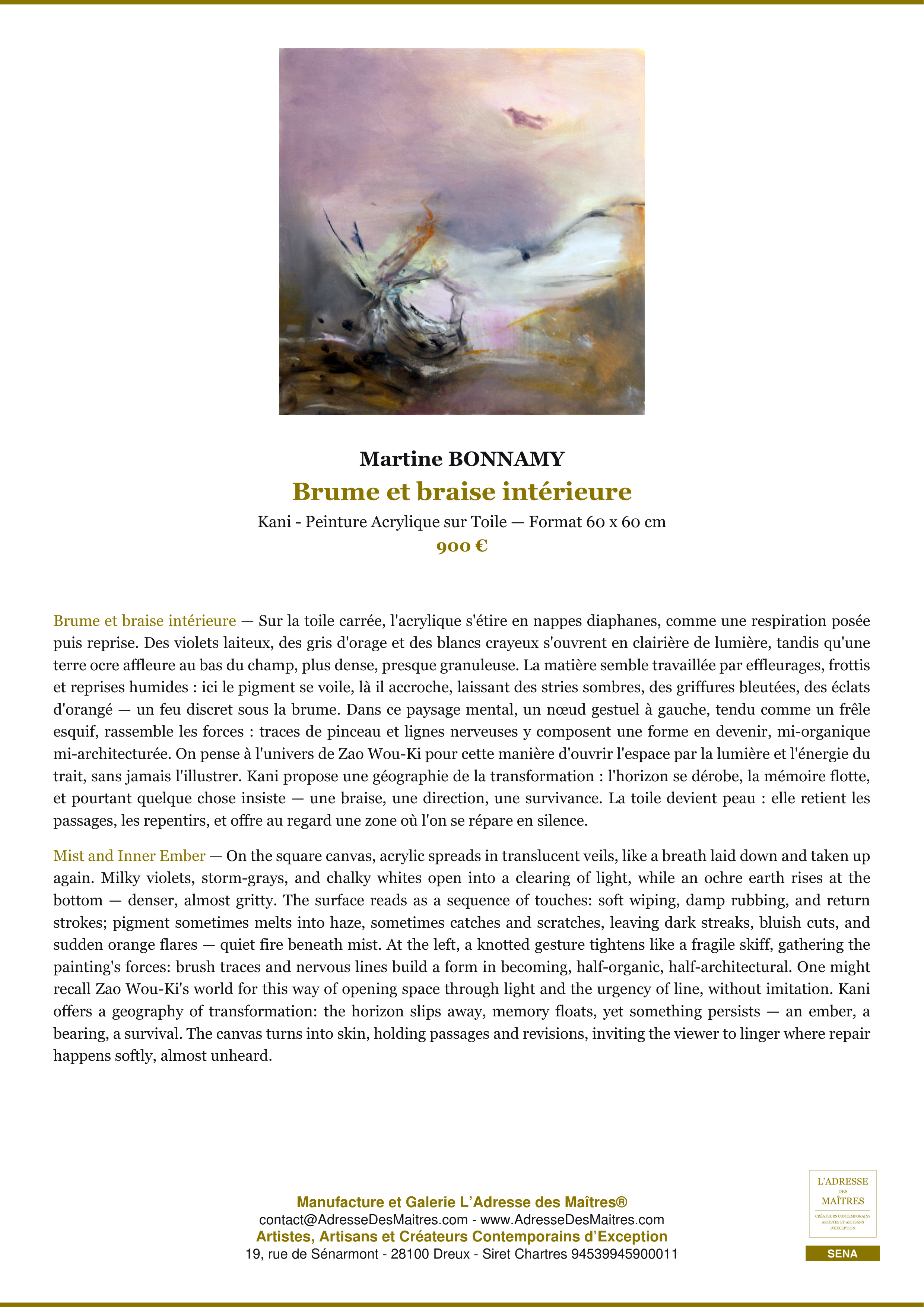Fiche Premium — Brume et braise intérieure — Martine BONNAMY — L'Adresse des Maîtres®