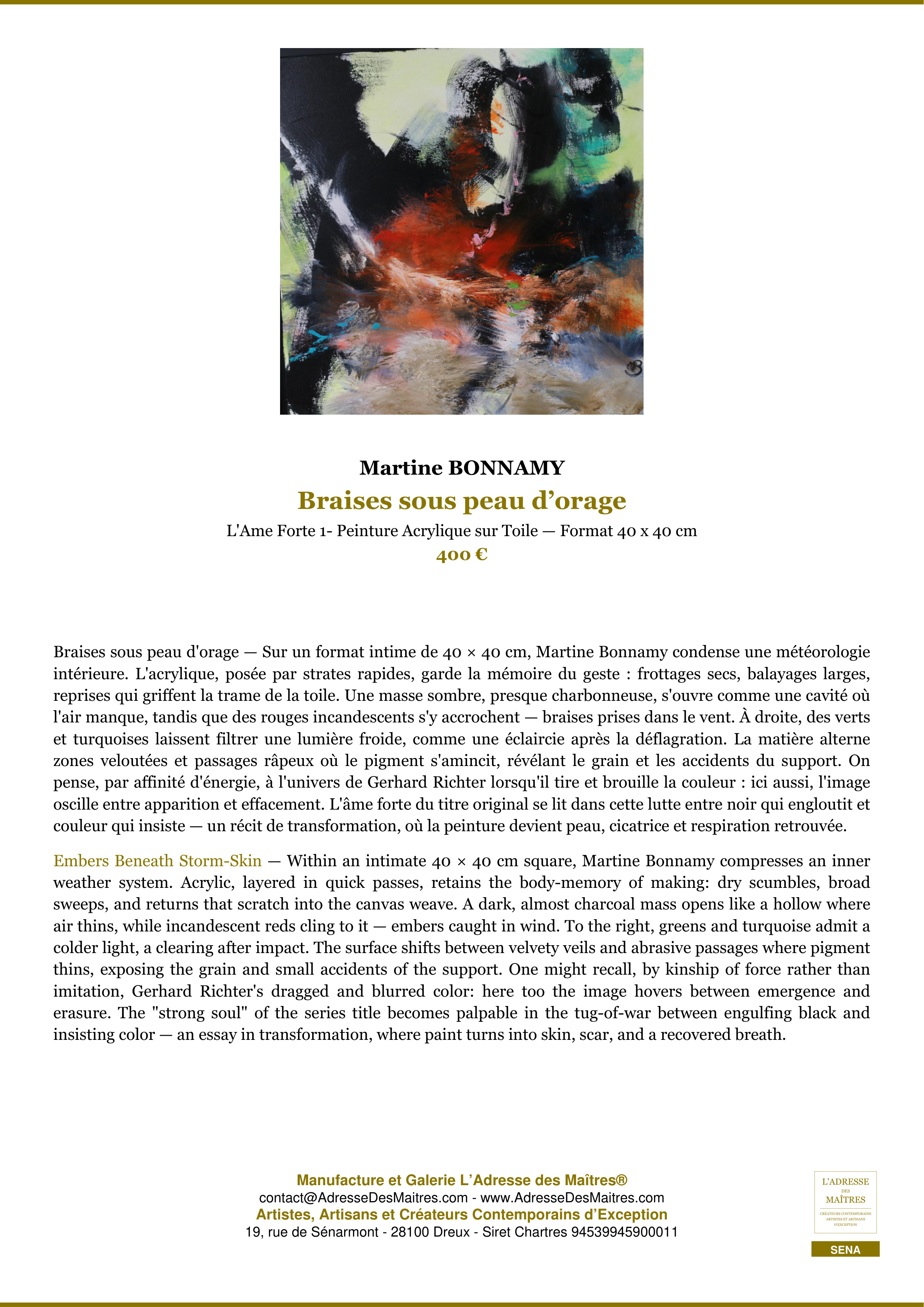 Fiche Premium — Braises sous peau d’orage — Martine BONNAMY — L'Adresse des Maîtres®