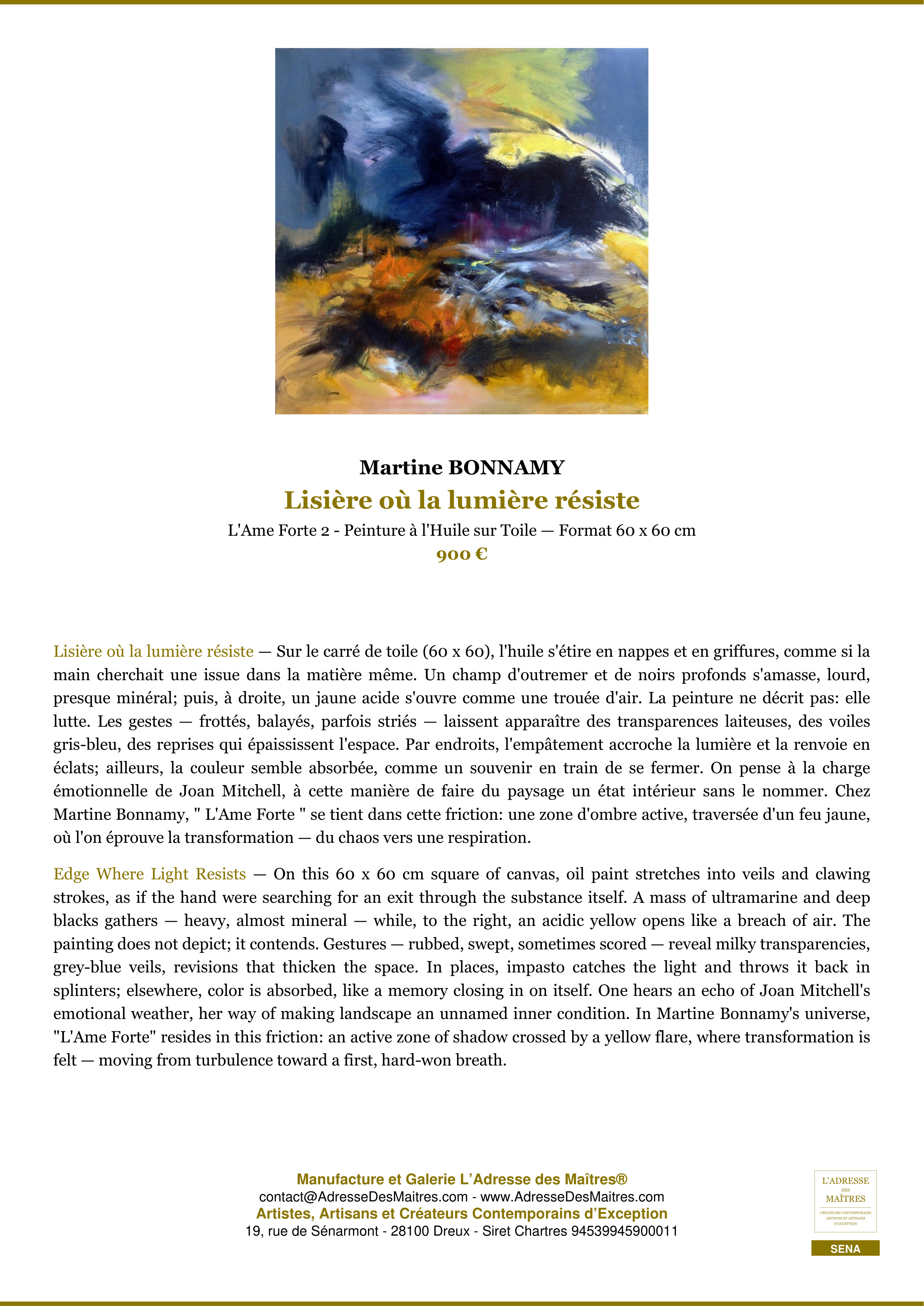Fiche Premium — Lisière où la lumière résiste — Martine BONNAMY — L'Adresse des Maîtres®