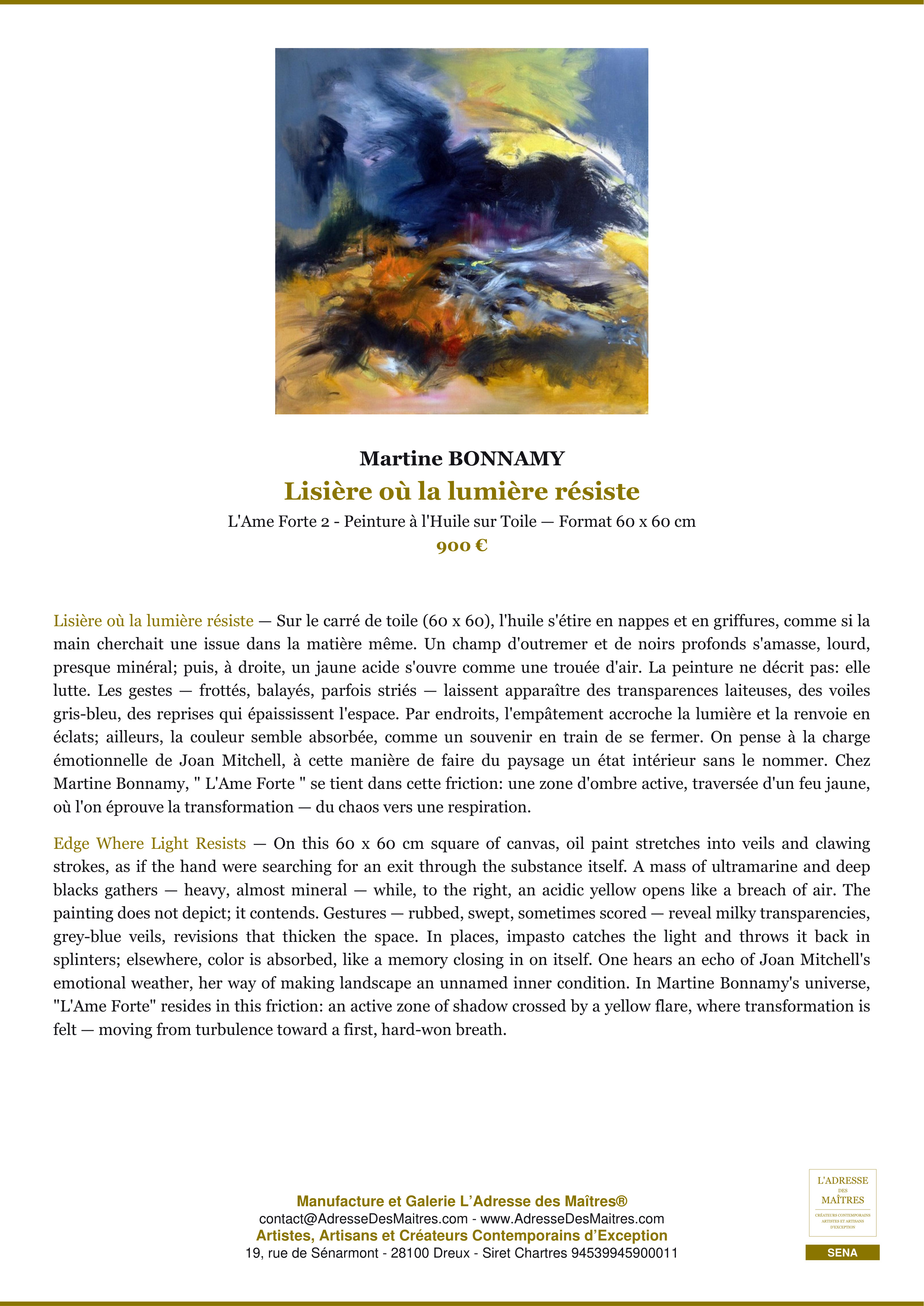 Fiche Premium — Lisière où la lumière résiste — Martine BONNAMY — L'Adresse des Maîtres®
