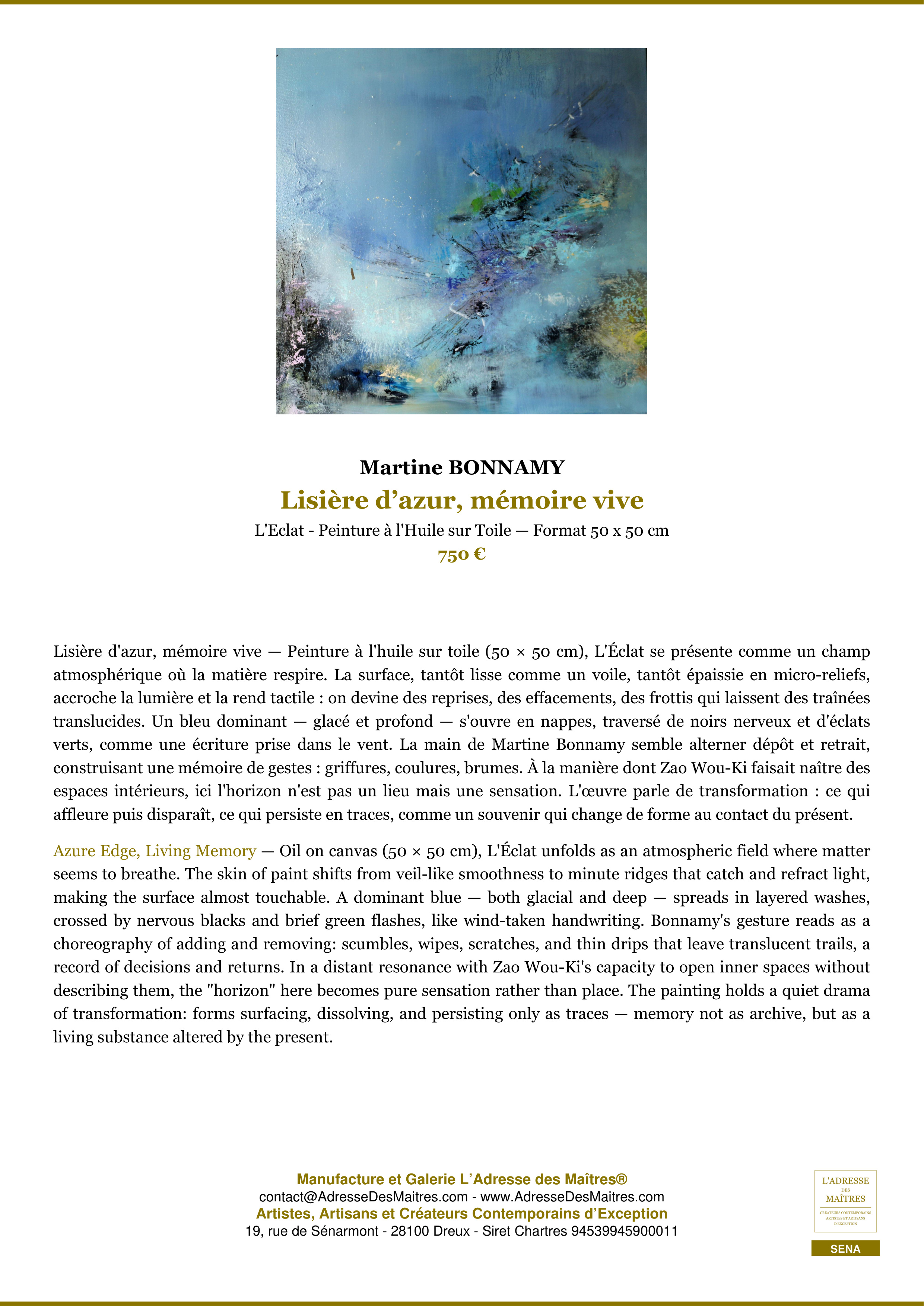 Fiche Premium — Lisière d’azur, mémoire vive — Martine BONNAMY — L'Adresse des Maîtres®