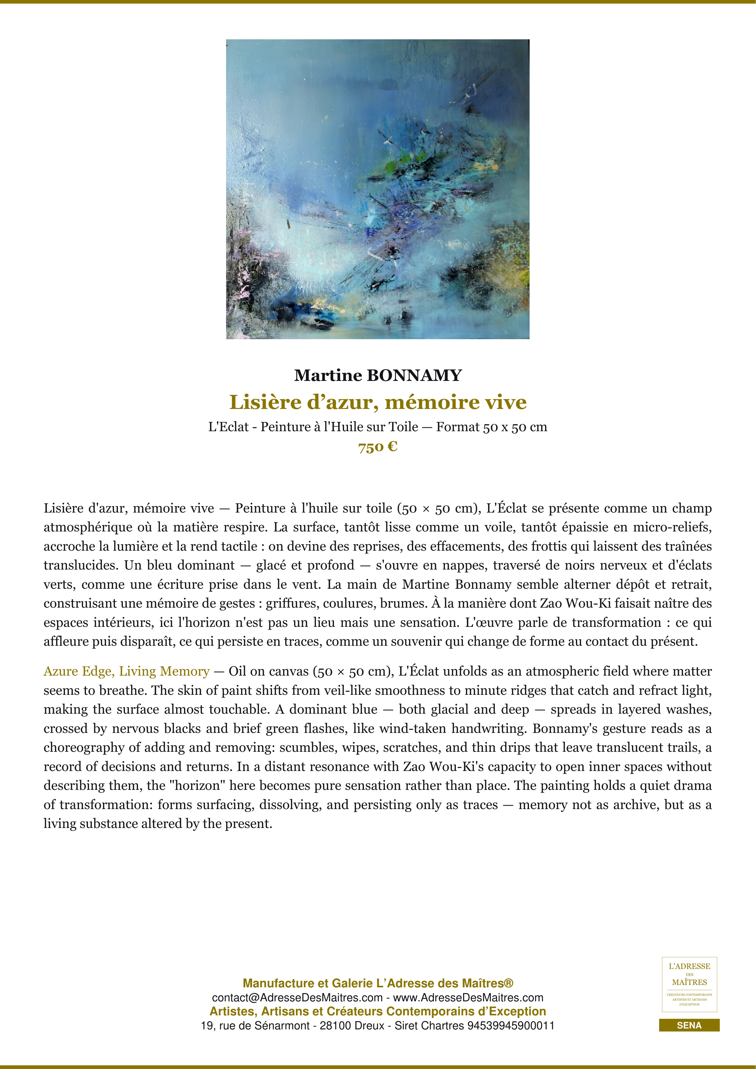 Fiche Premium — Lisière d’azur, mémoire vive — Martine BONNAMY — L'Adresse des Maîtres®