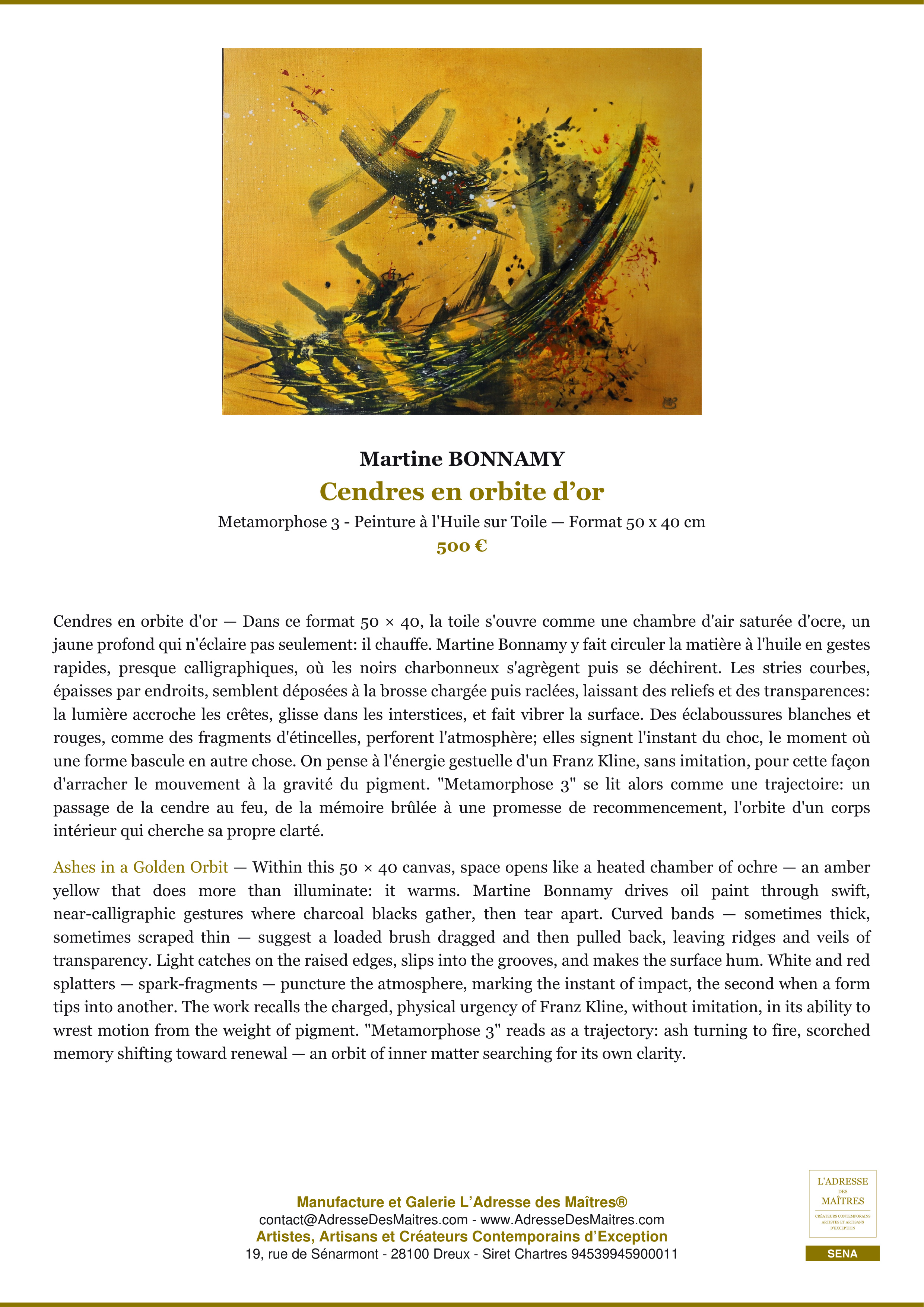 Fiche Premium — Cendres en orbite d’or — Martine BONNAMY — L'Adresse des Maîtres®