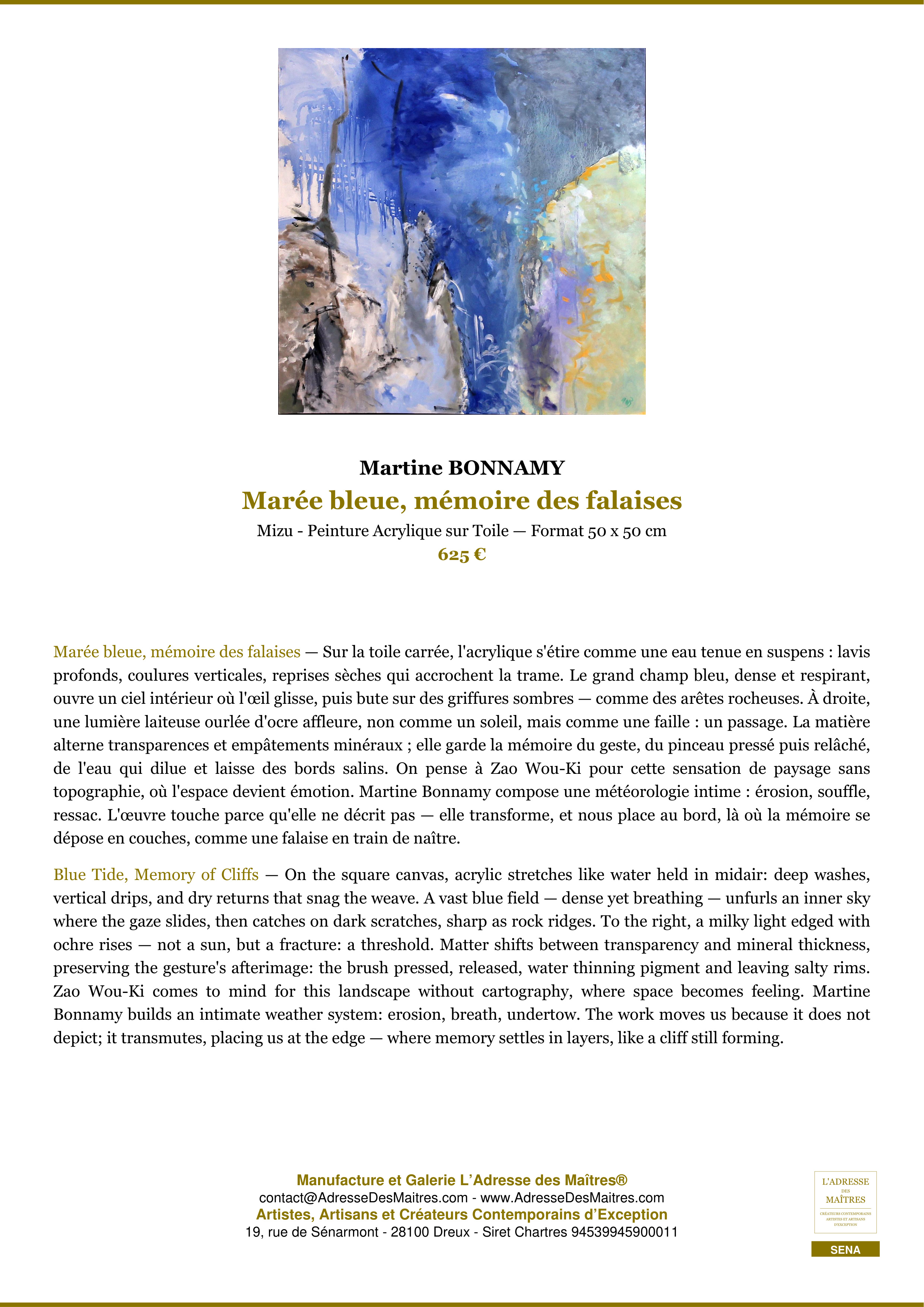 Fiche Premium — Marée bleue, mémoire des falaises — Martine BONNAMY — L'Adresse des Maîtres®