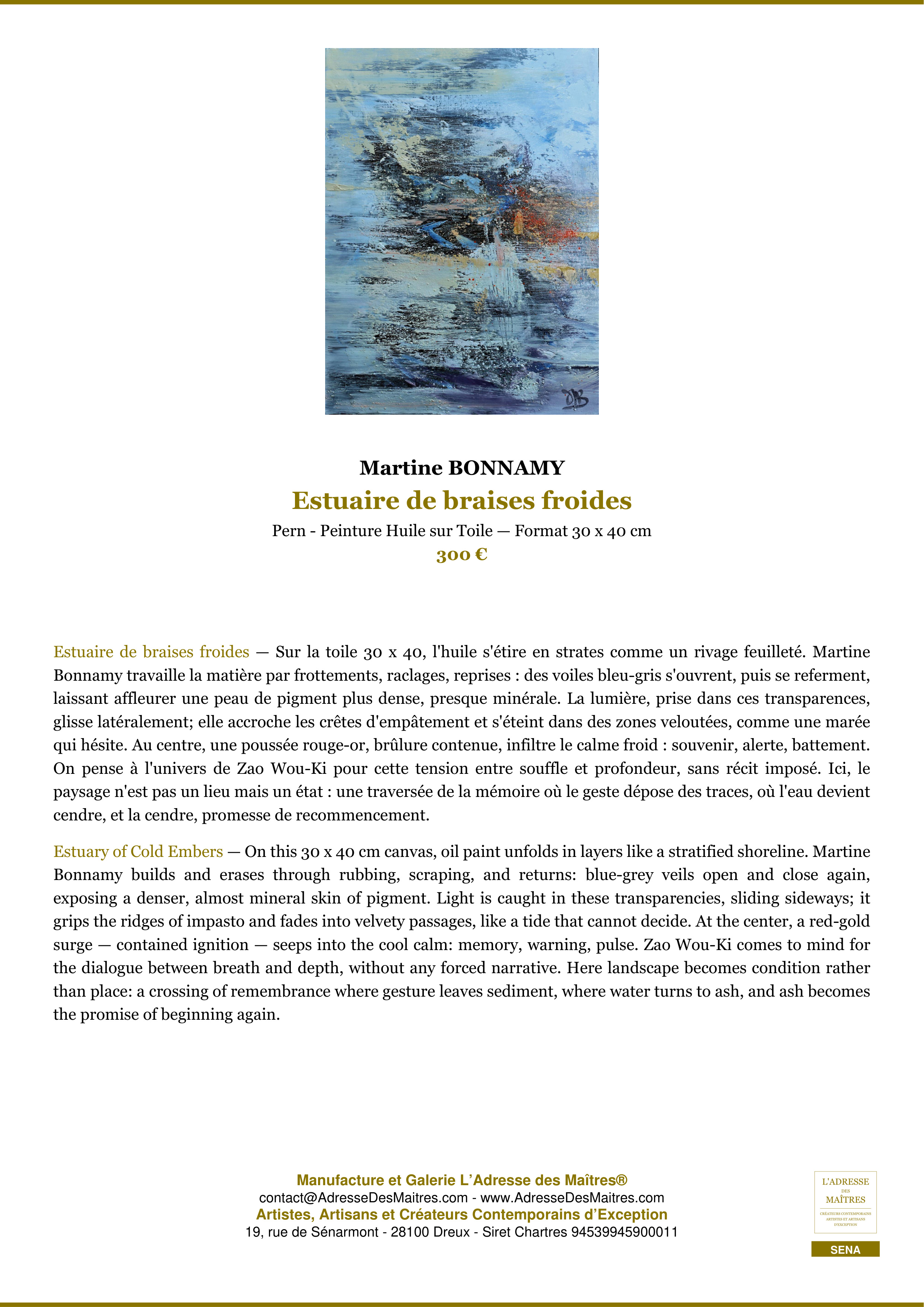 Fiche Premium — Estuaire de braises froides — Martine BONNAMY — L'Adresse des Maîtres®