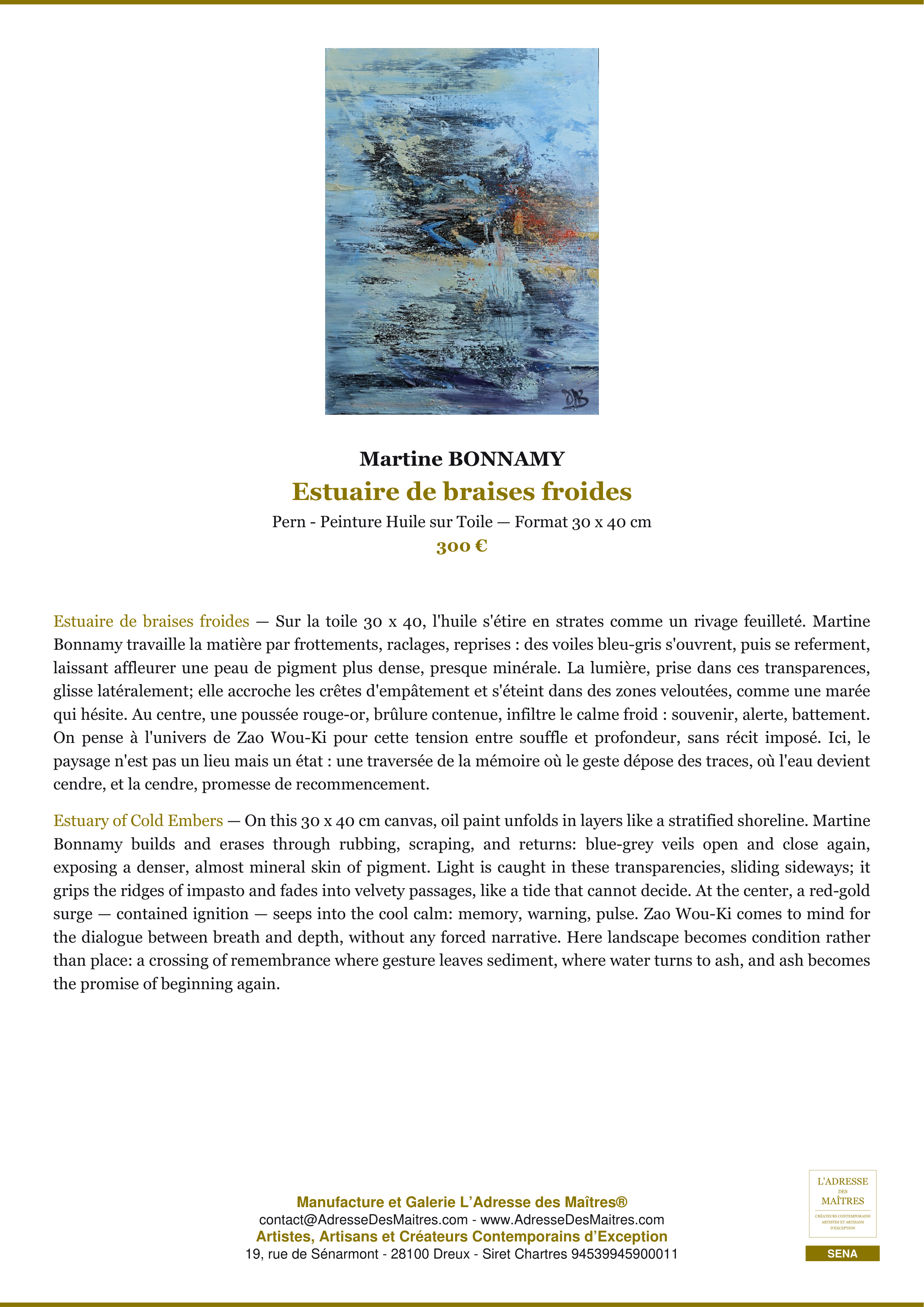 Fiche Premium — Estuaire de braises froides — Martine BONNAMY — L'Adresse des Maîtres®