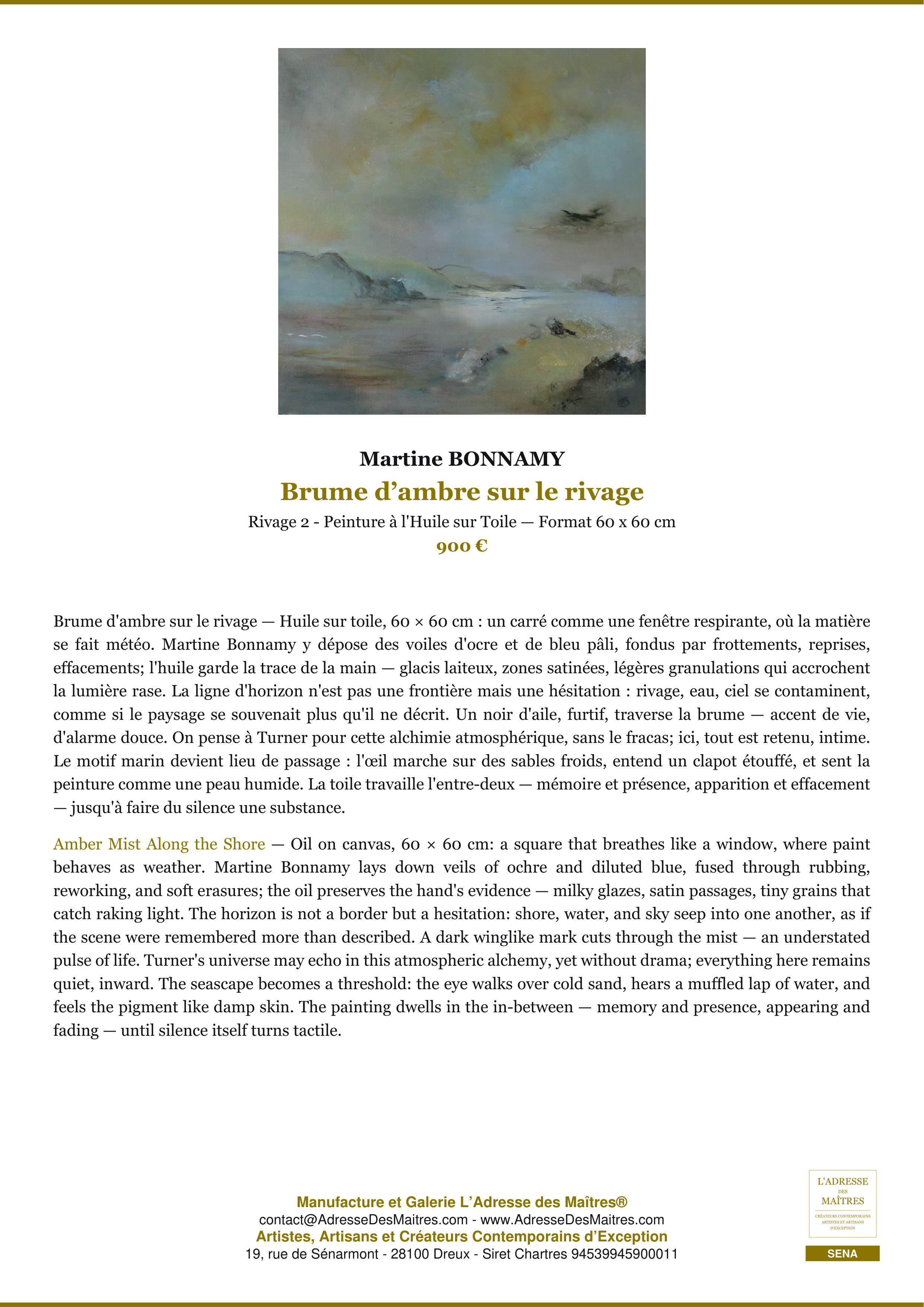 Fiche Premium — Brume d’ambre sur le rivage — Martine BONNAMY — L'Adresse des Maîtres®