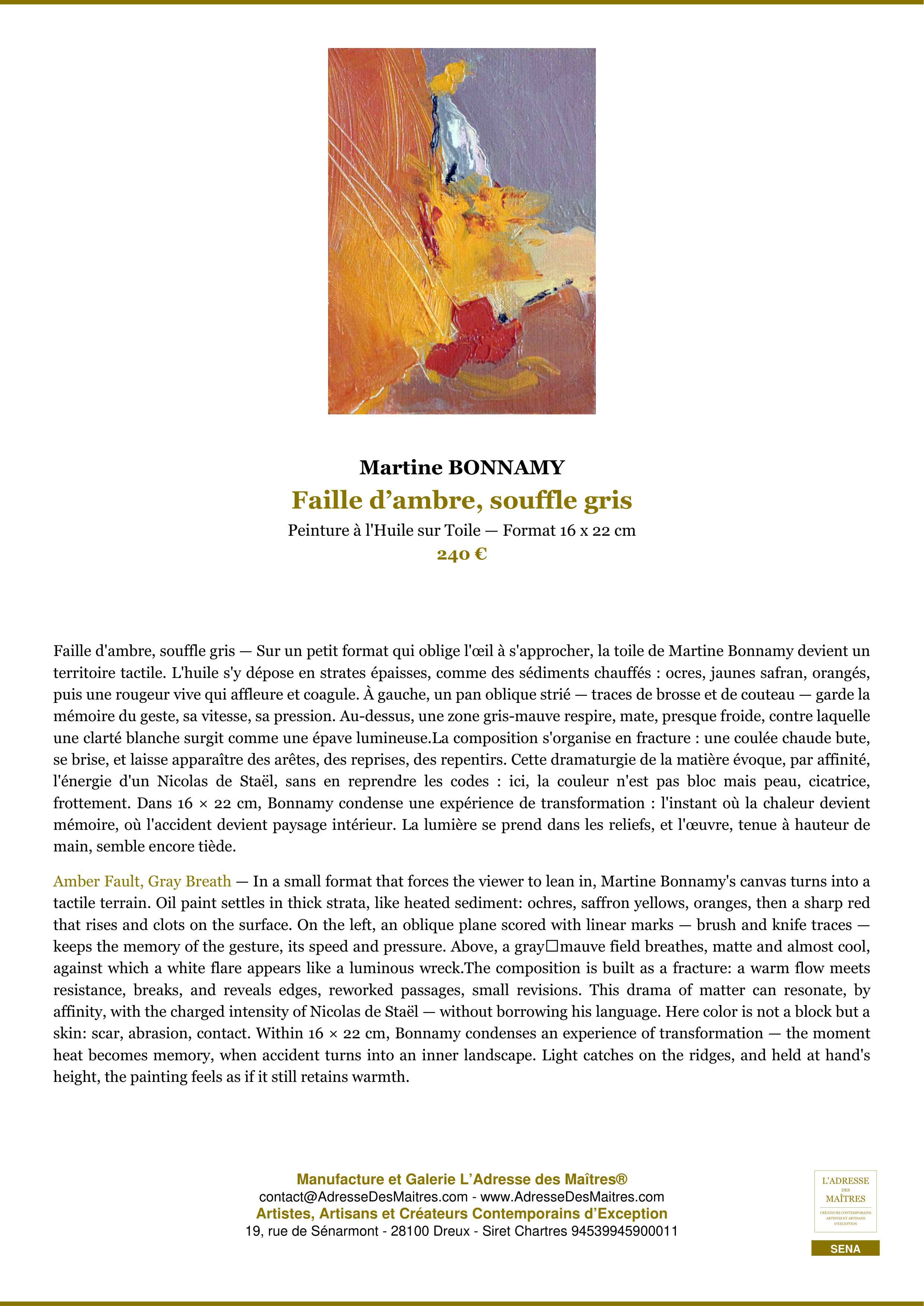 Fiche Premium — Faille d’ambre, souffle gris — Martine BONNAMY — L'Adresse des Maîtres®