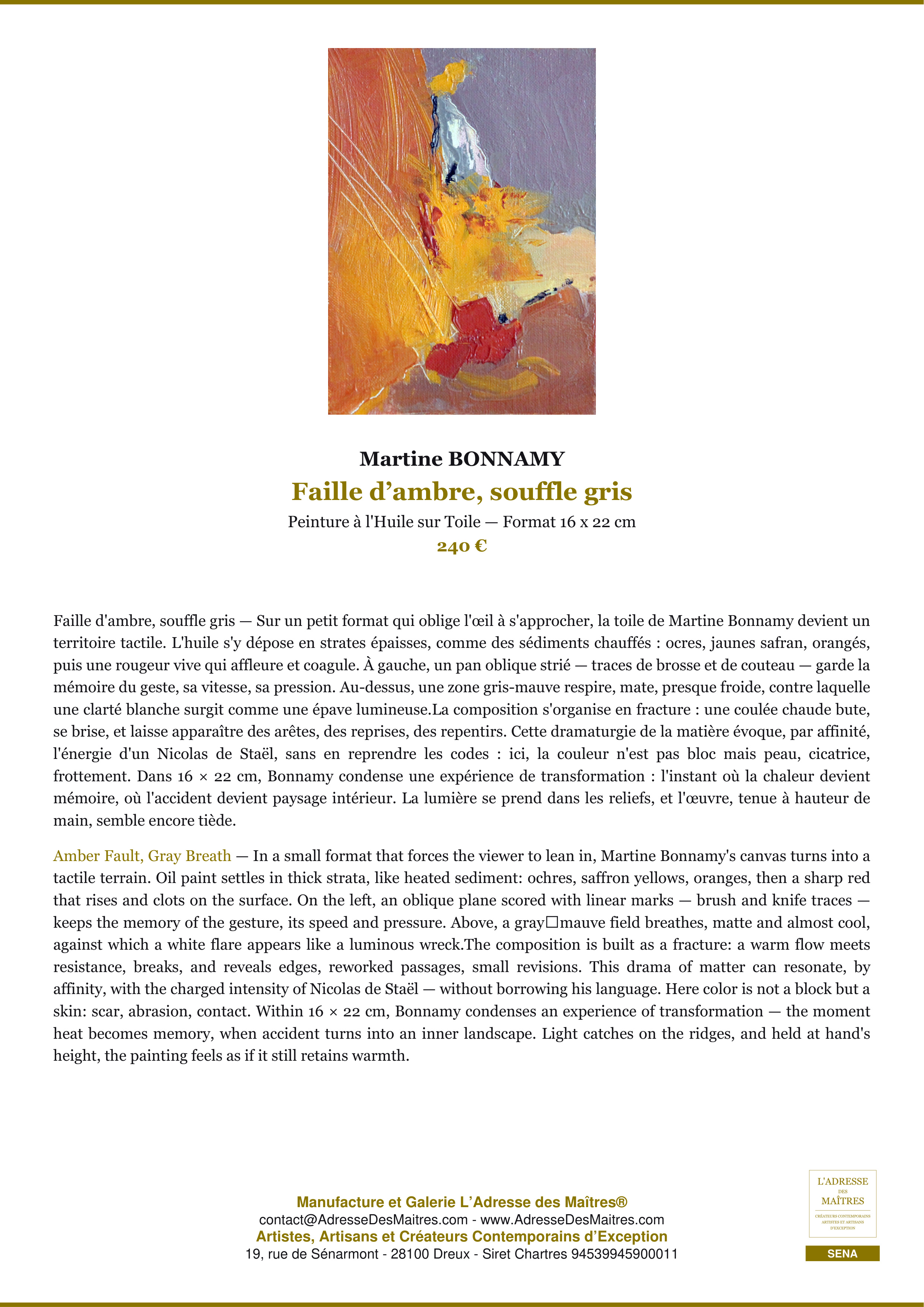 Fiche Premium — Faille d’ambre, souffle gris — Martine BONNAMY — L'Adresse des Maîtres®