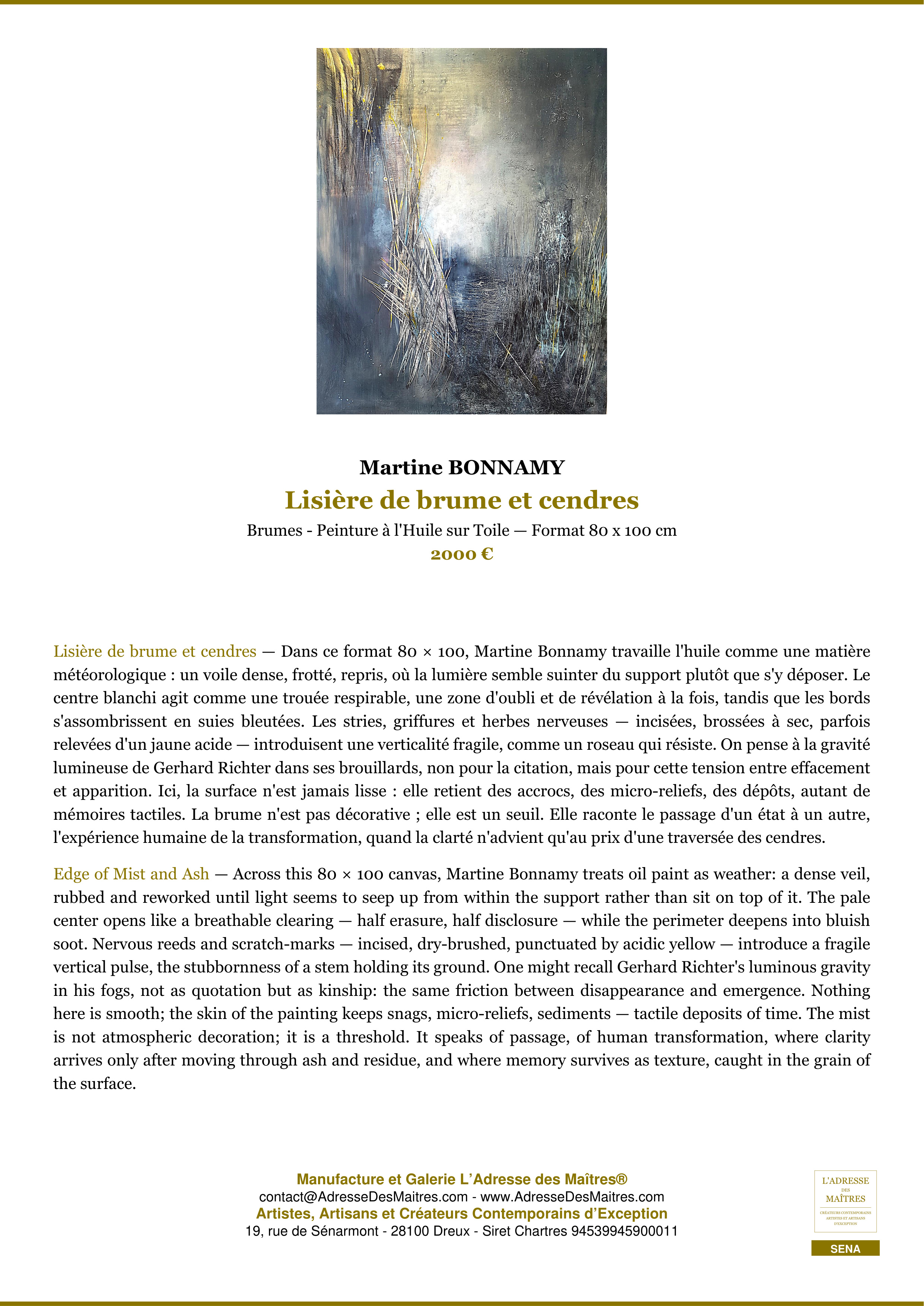 Fiche Premium — Lisière de brume et cendres — Martine BONNAMY — L'Adresse des Maîtres®