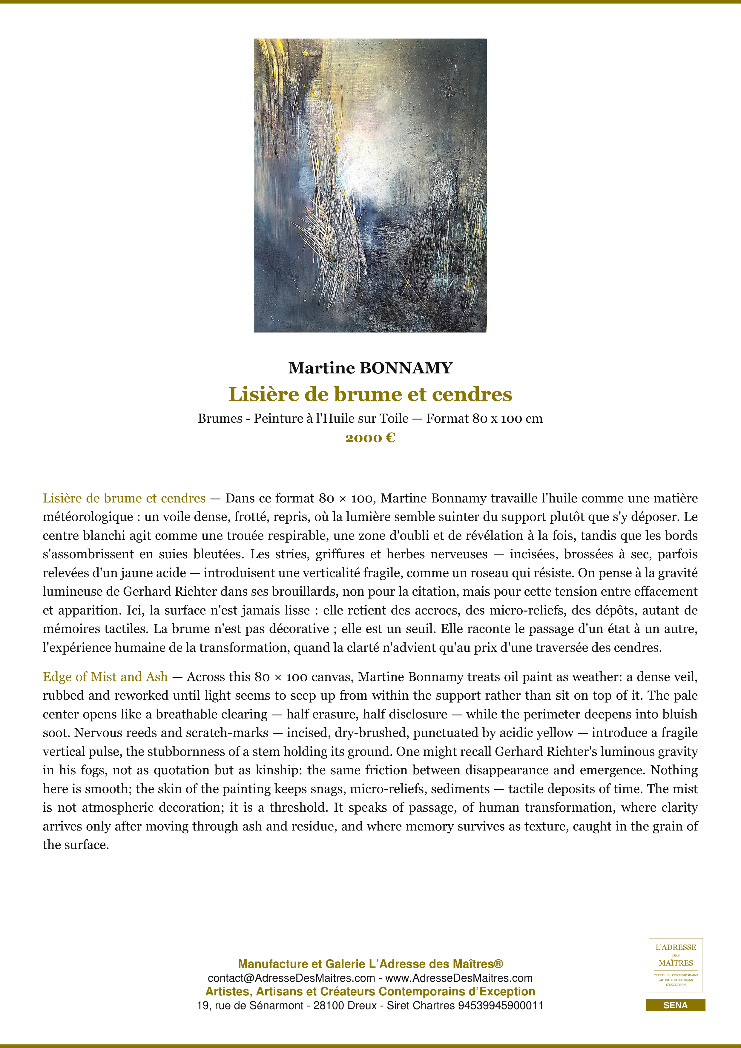 Fiche Premium — Lisière de brume et cendres — Martine BONNAMY — L'Adresse des Maîtres®