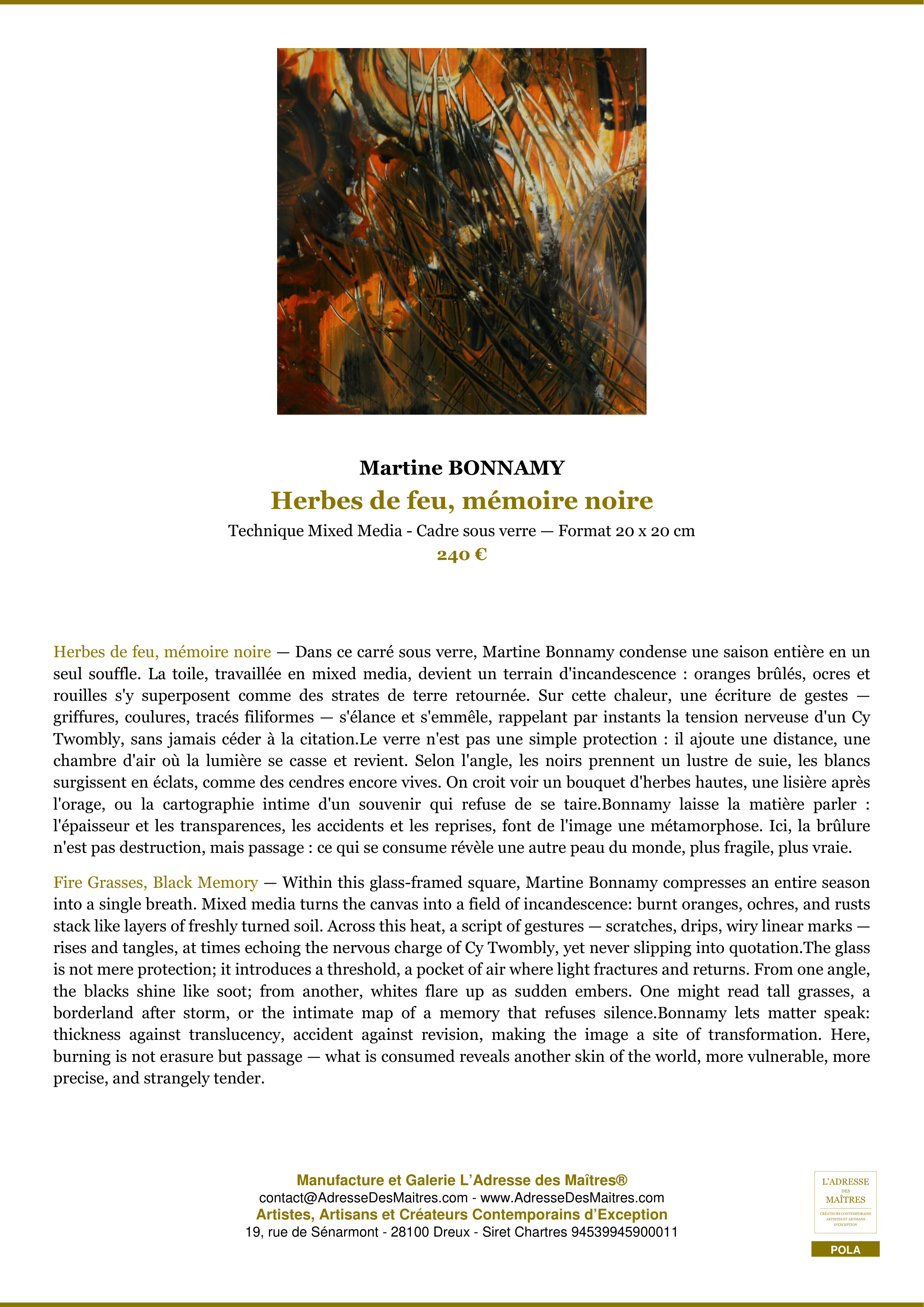 Fiche Premium — Herbes de feu, mémoire noire — Martine BONNAMY — L'Adresse des Maîtres®