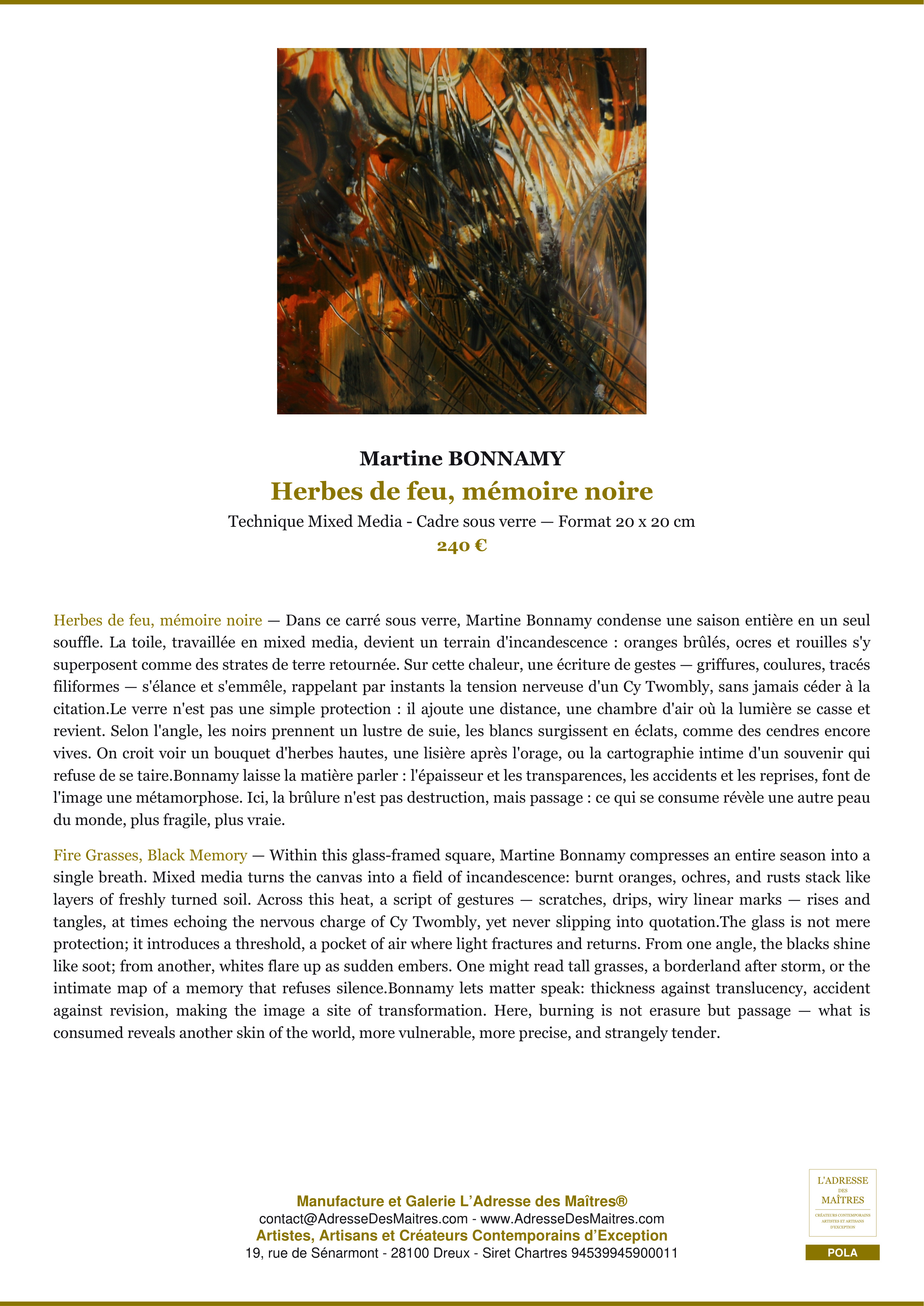 Fiche Premium — Herbes de feu, mémoire noire — Martine BONNAMY — L'Adresse des Maîtres®