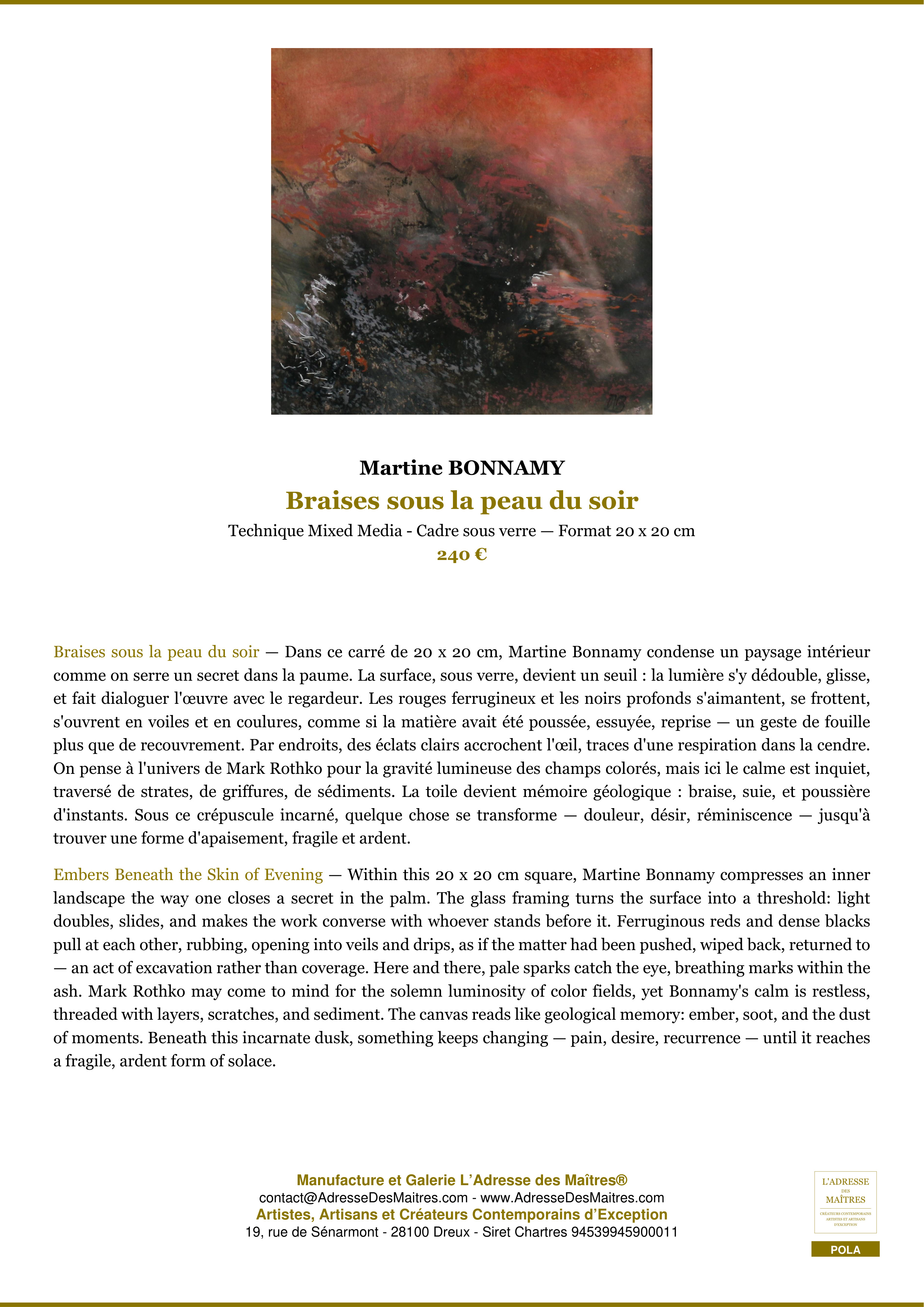 Fiche Premium — Braises sous la peau du soir — Martine BONNAMY — L'Adresse des Maîtres®