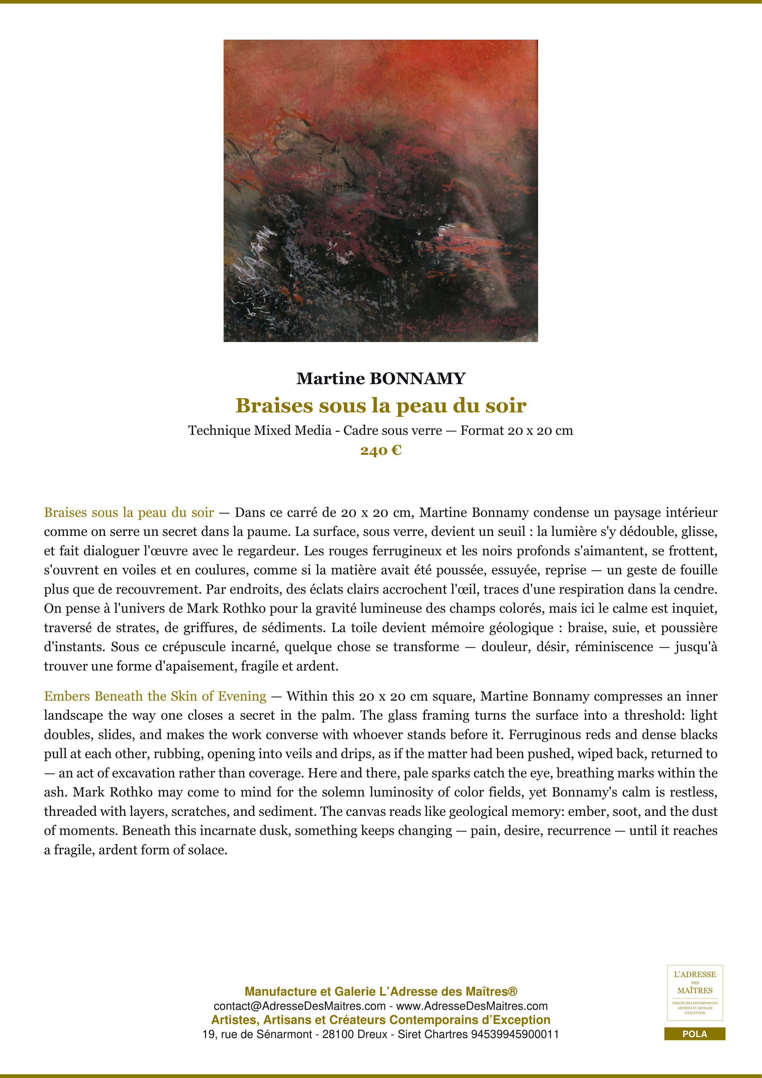 Fiche Premium — Braises sous la peau du soir — Martine BONNAMY — L'Adresse des Maîtres®