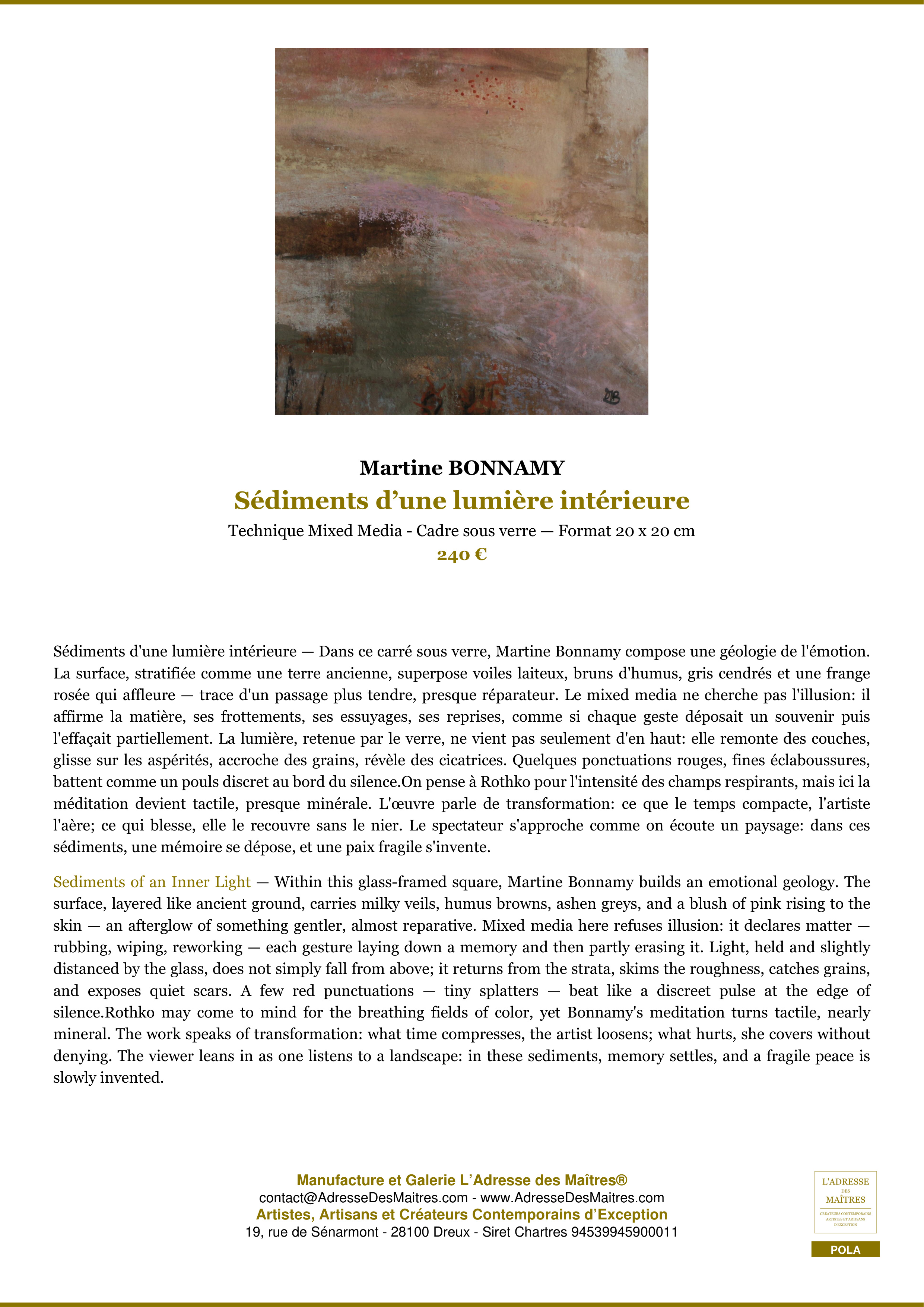 Fiche Premium — Sédiments d’une lumière intérieure — Martine BONNAMY — L'Adresse des Maîtres®