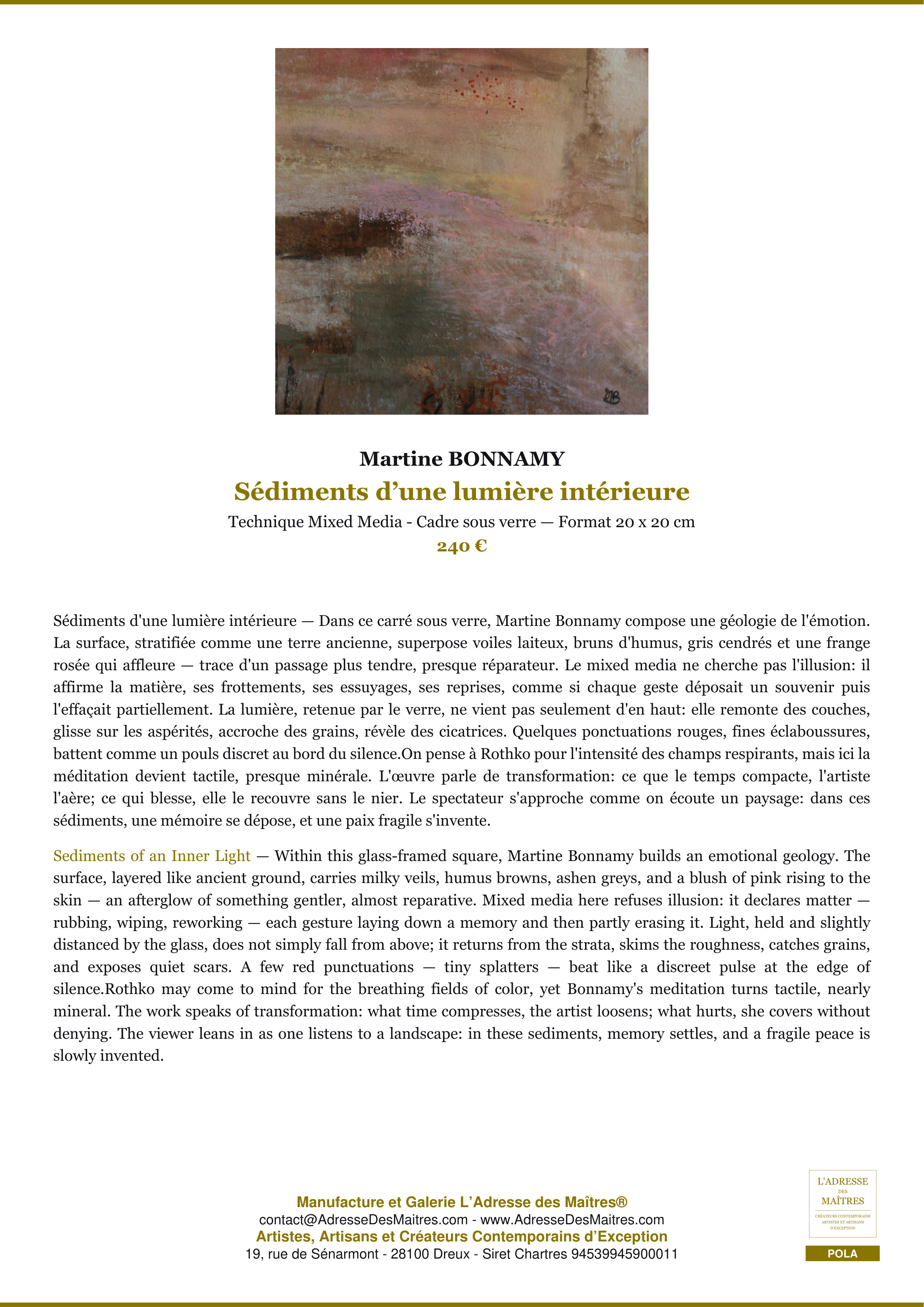 Fiche Premium — Sédiments d’une lumière intérieure — Martine BONNAMY — L'Adresse des Maîtres®