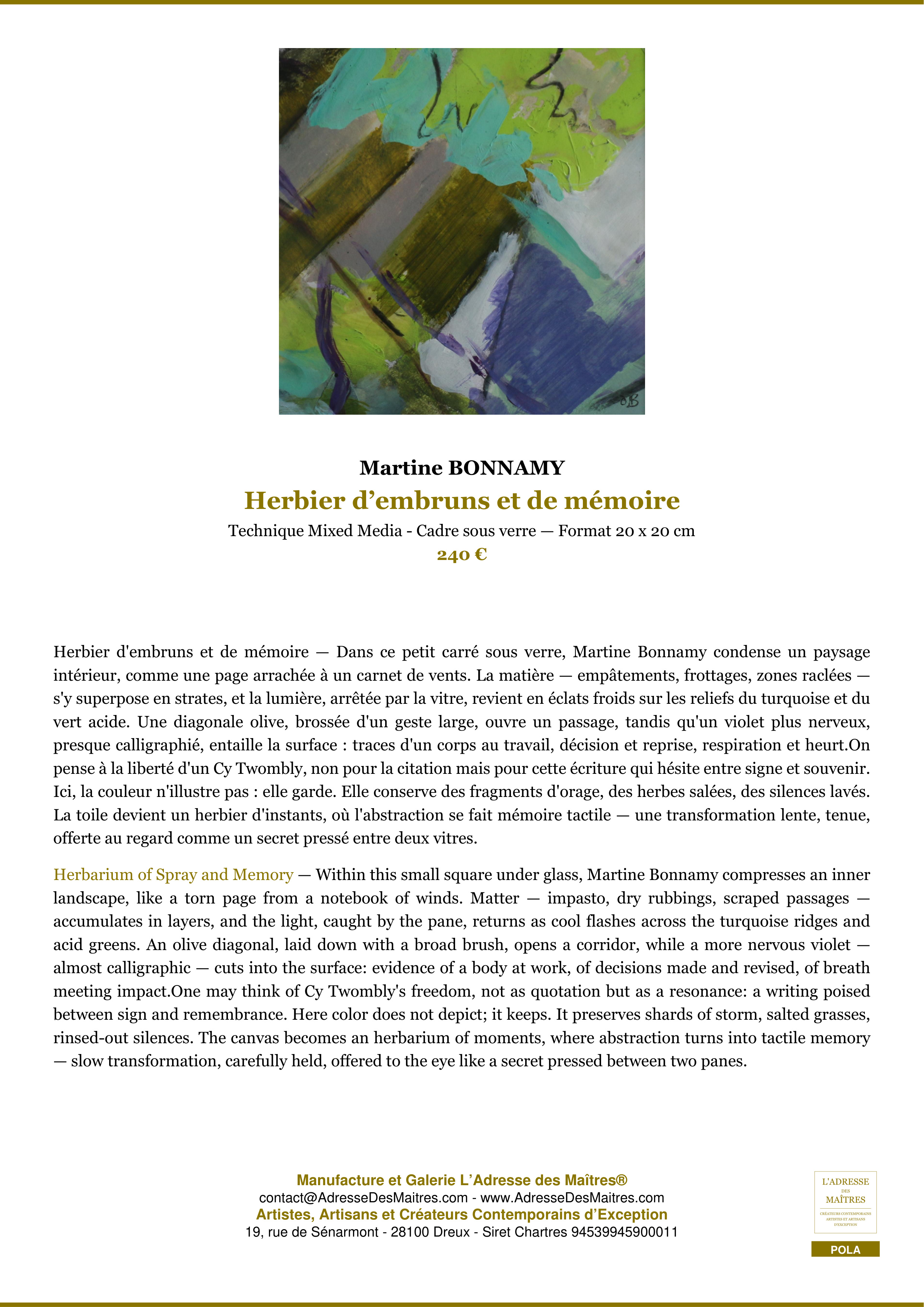 Fiche Premium — Herbier d’embruns et de mémoire — Martine BONNAMY — L'Adresse des Maîtres®