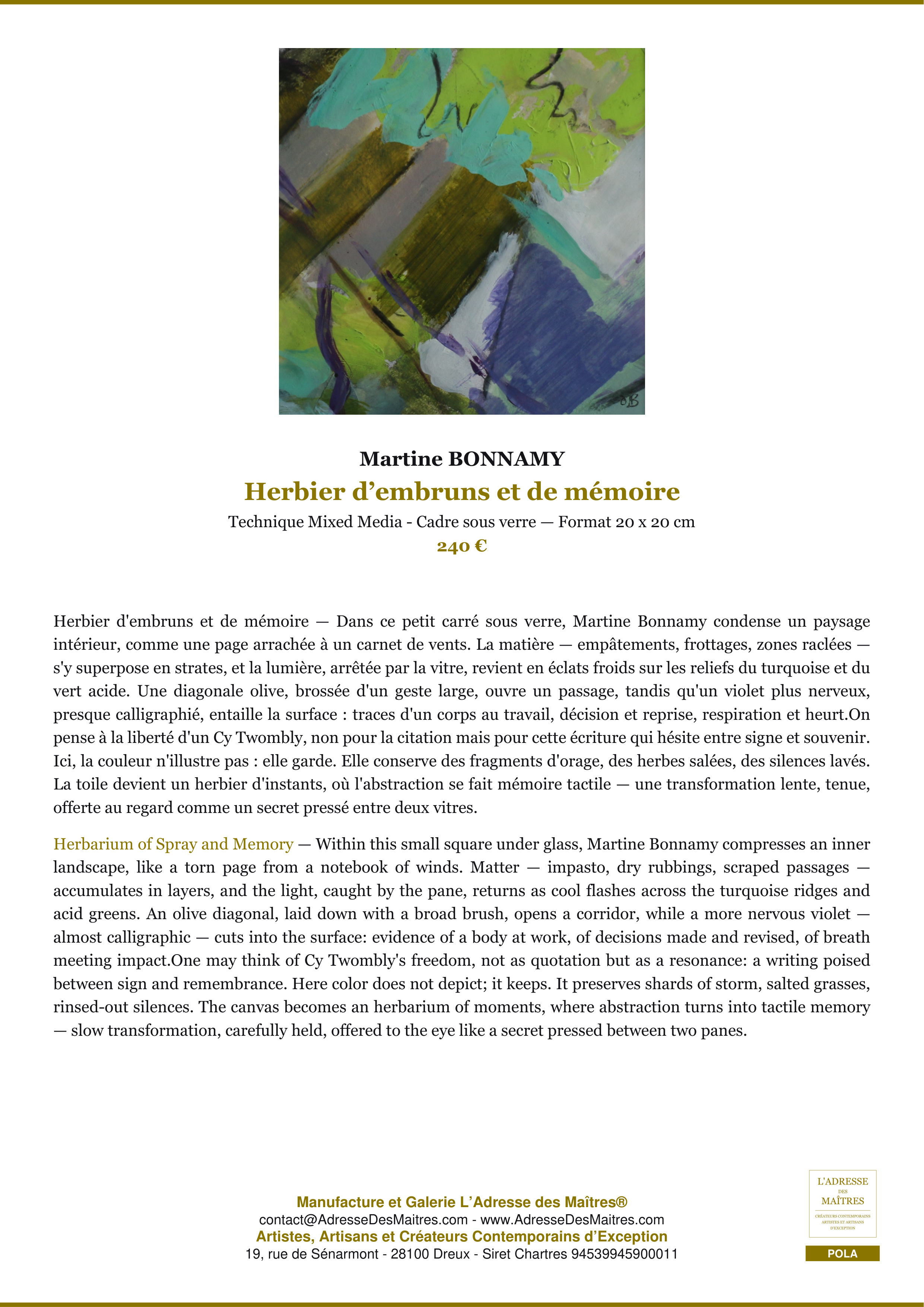Fiche Premium — Herbier d’embruns et de mémoire — Martine BONNAMY — L'Adresse des Maîtres®