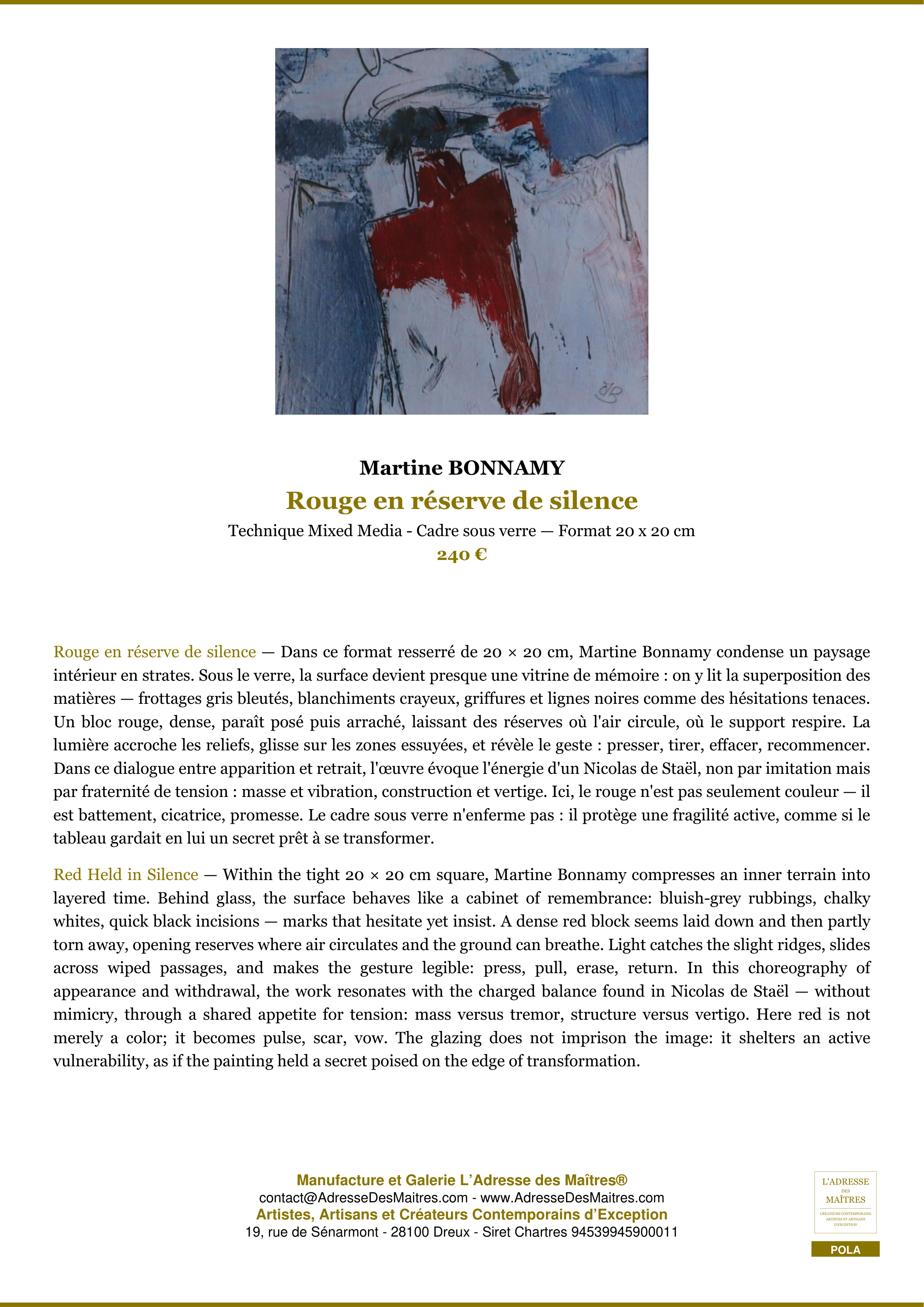 Fiche Premium — Rouge en réserve de silence — Martine BONNAMY — L'Adresse des Maîtres®