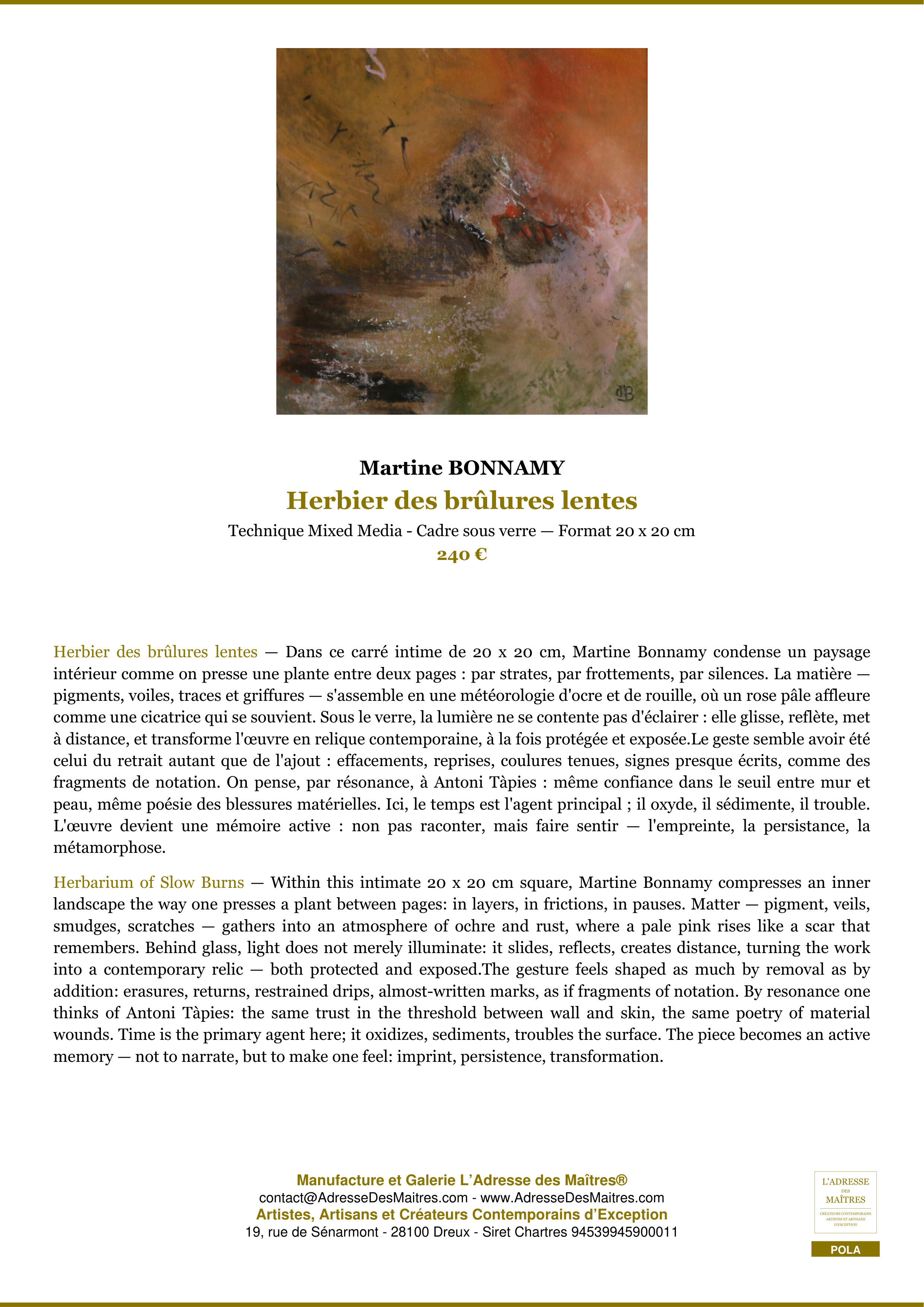 Fiche Premium — Herbier des brûlures lentes — Martine BONNAMY — L'Adresse des Maîtres®