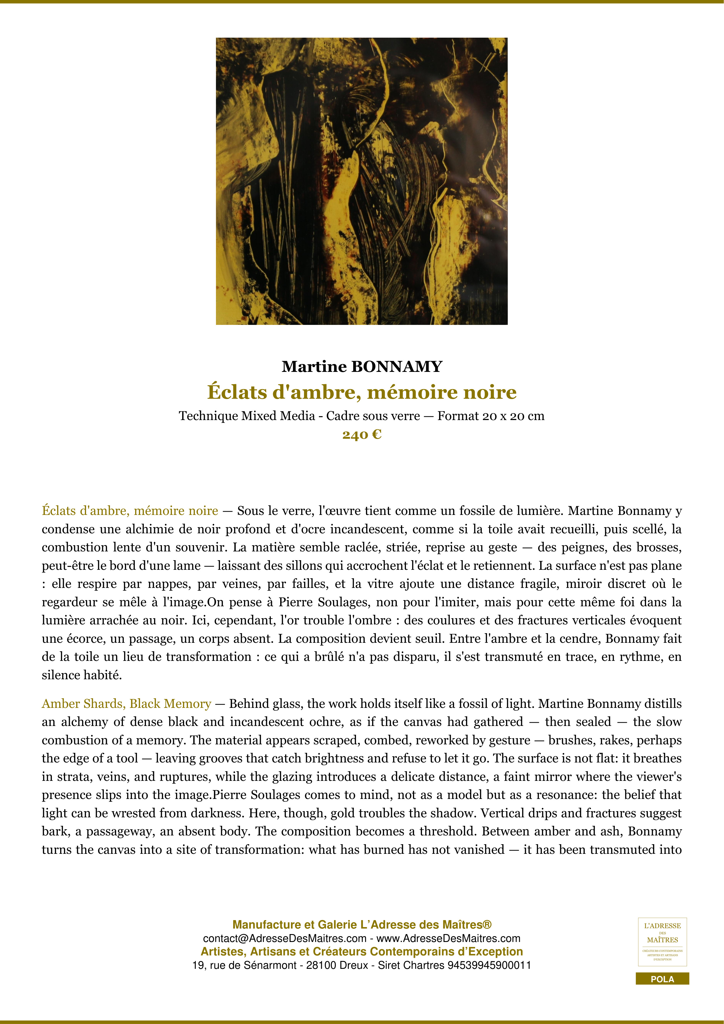 Fiche Premium — Éclats d'ambre, mémoire noire — Martine BONNAMY — L'Adresse des Maîtres®