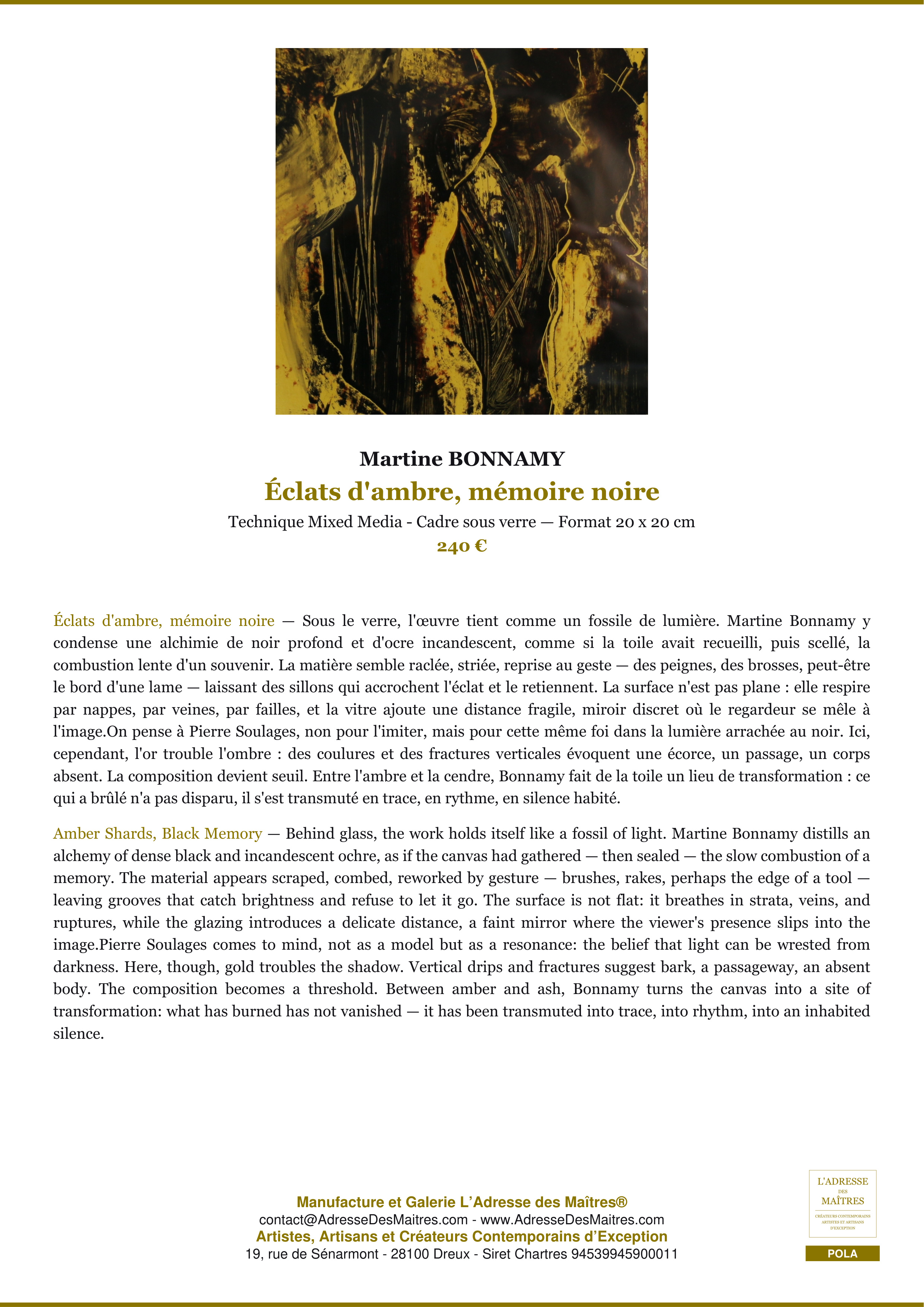 Fiche Premium — Éclats d'ambre, mémoire noire — Martine BONNAMY — L'Adresse des Maîtres®