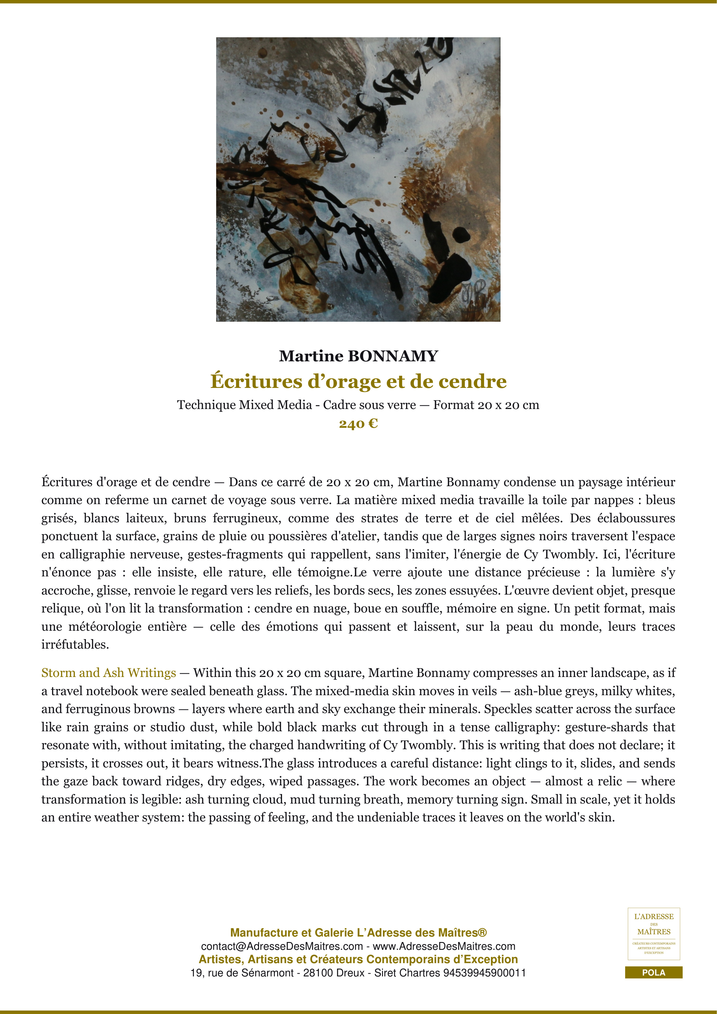 Fiche Premium — Écritures d’orage et de cendre — Martine BONNAMY — L'Adresse des Maîtres®