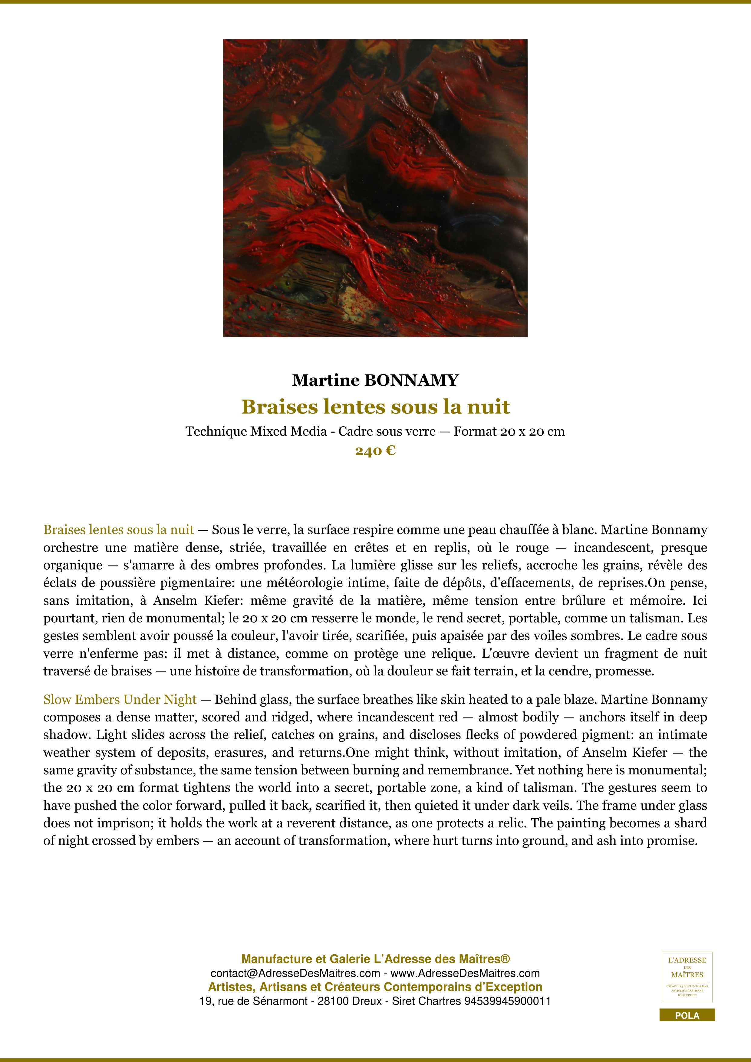 Fiche Premium — Braises lentes sous la nuit — Martine BONNAMY — L'Adresse des Maîtres®