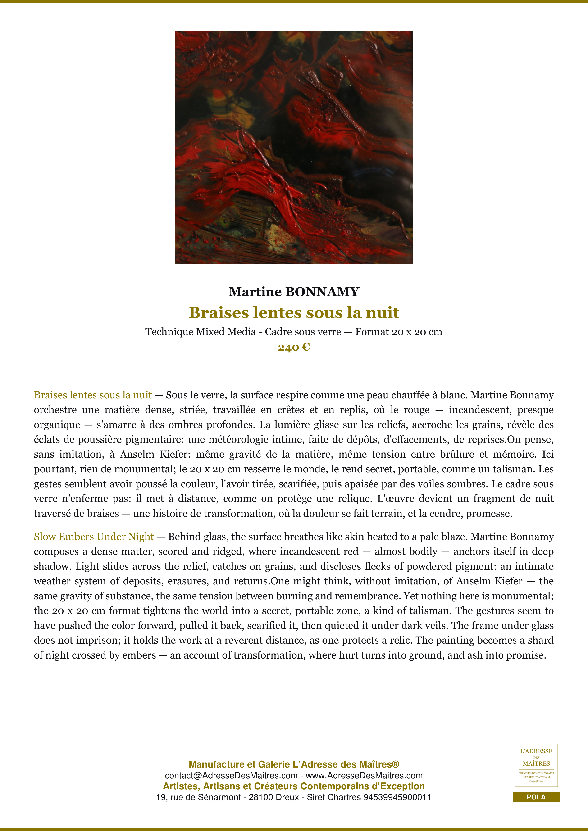 Fiche Premium — Braises lentes sous la nuit — Martine BONNAMY — L'Adresse des Maîtres®