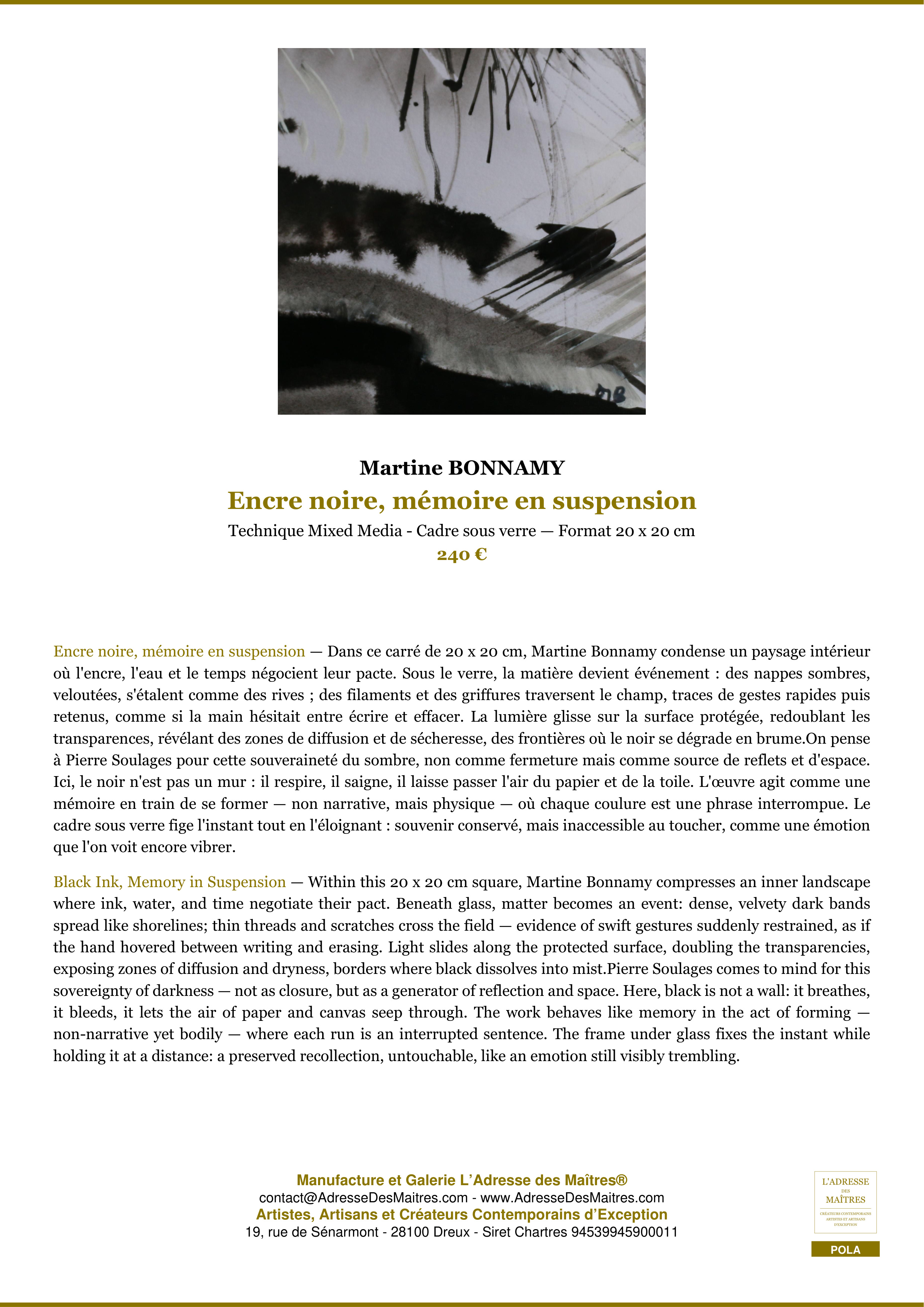 Fiche Premium — Encre noire, mémoire en suspension — Martine BONNAMY — L'Adresse des Maîtres®