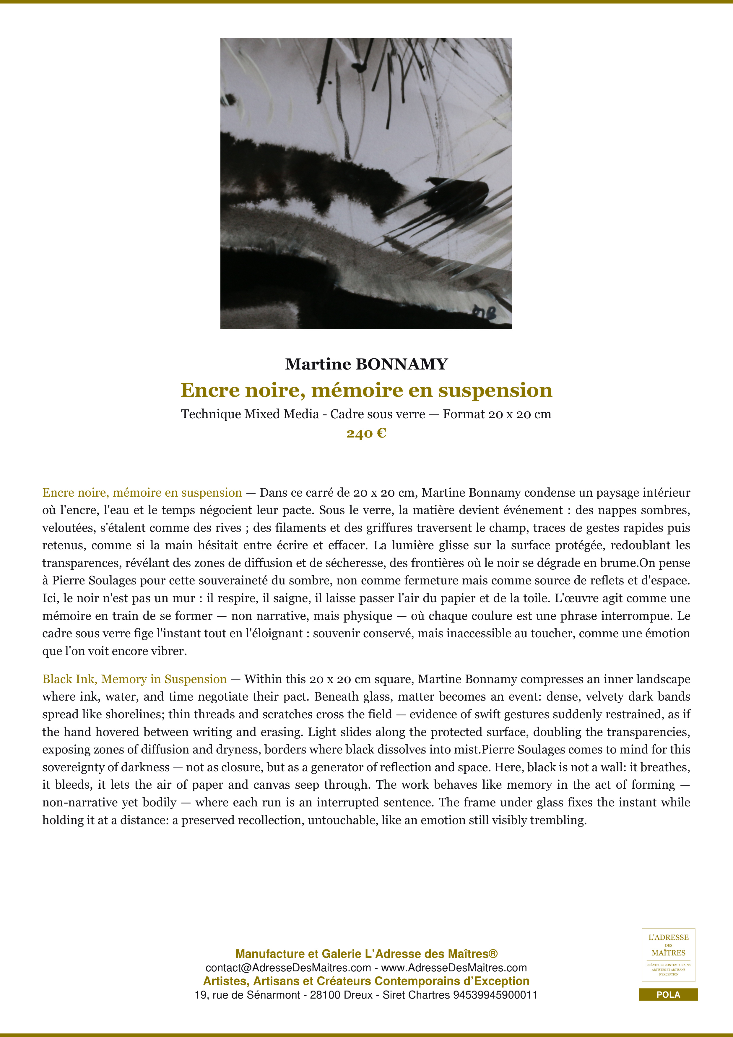 Fiche Premium — Encre noire, mémoire en suspension — Martine BONNAMY — L'Adresse des Maîtres®