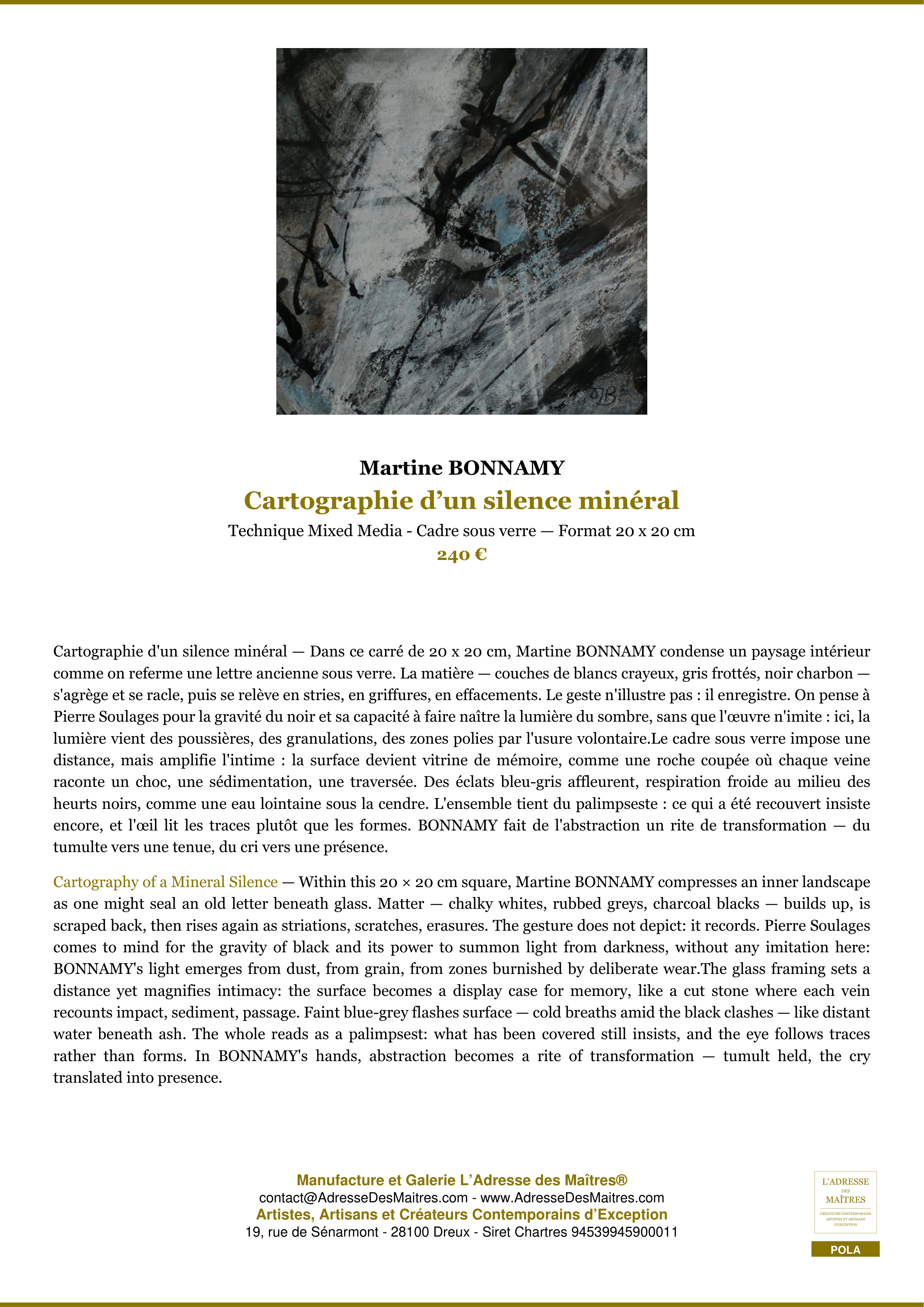 Fiche Premium — Cartographie d’un silence minéral — Martine BONNAMY — L'Adresse des Maîtres®