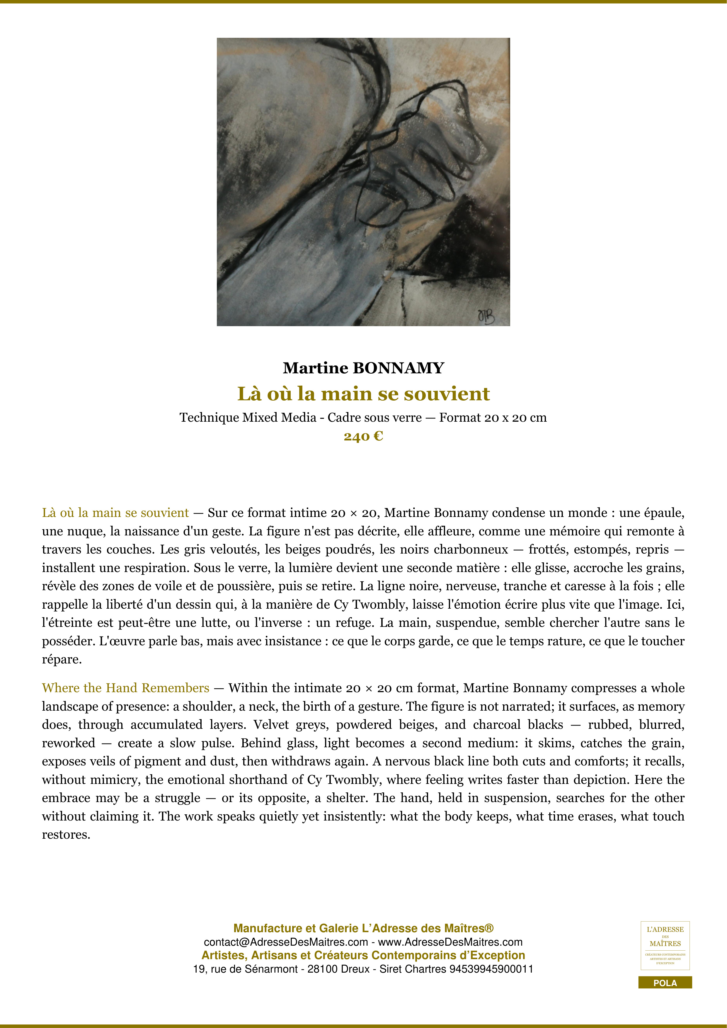 Fiche Premium — Là où la main se souvient — Martine BONNAMY — L'Adresse des Maîtres®