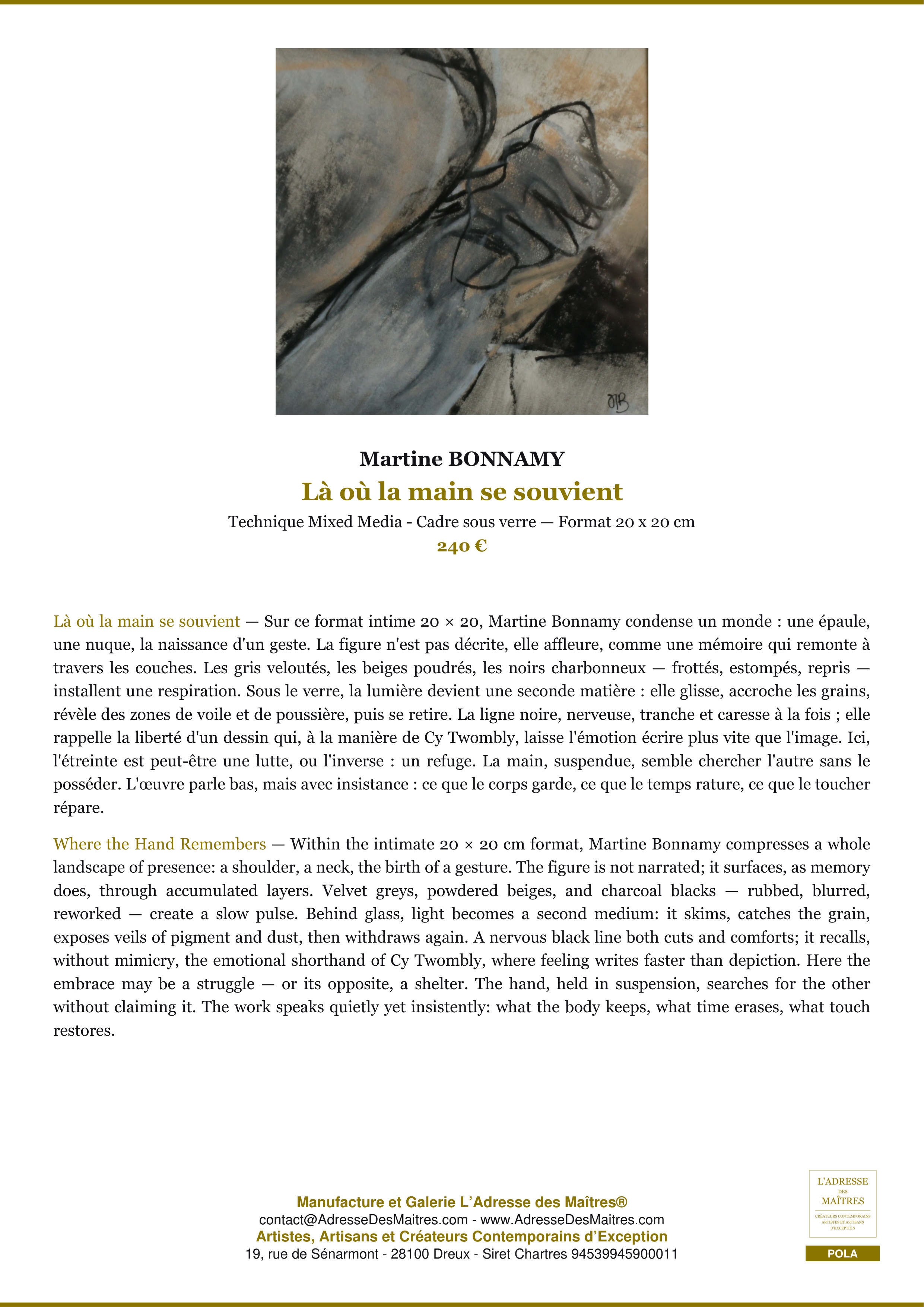 Fiche Premium — Là où la main se souvient — Martine BONNAMY — L'Adresse des Maîtres®