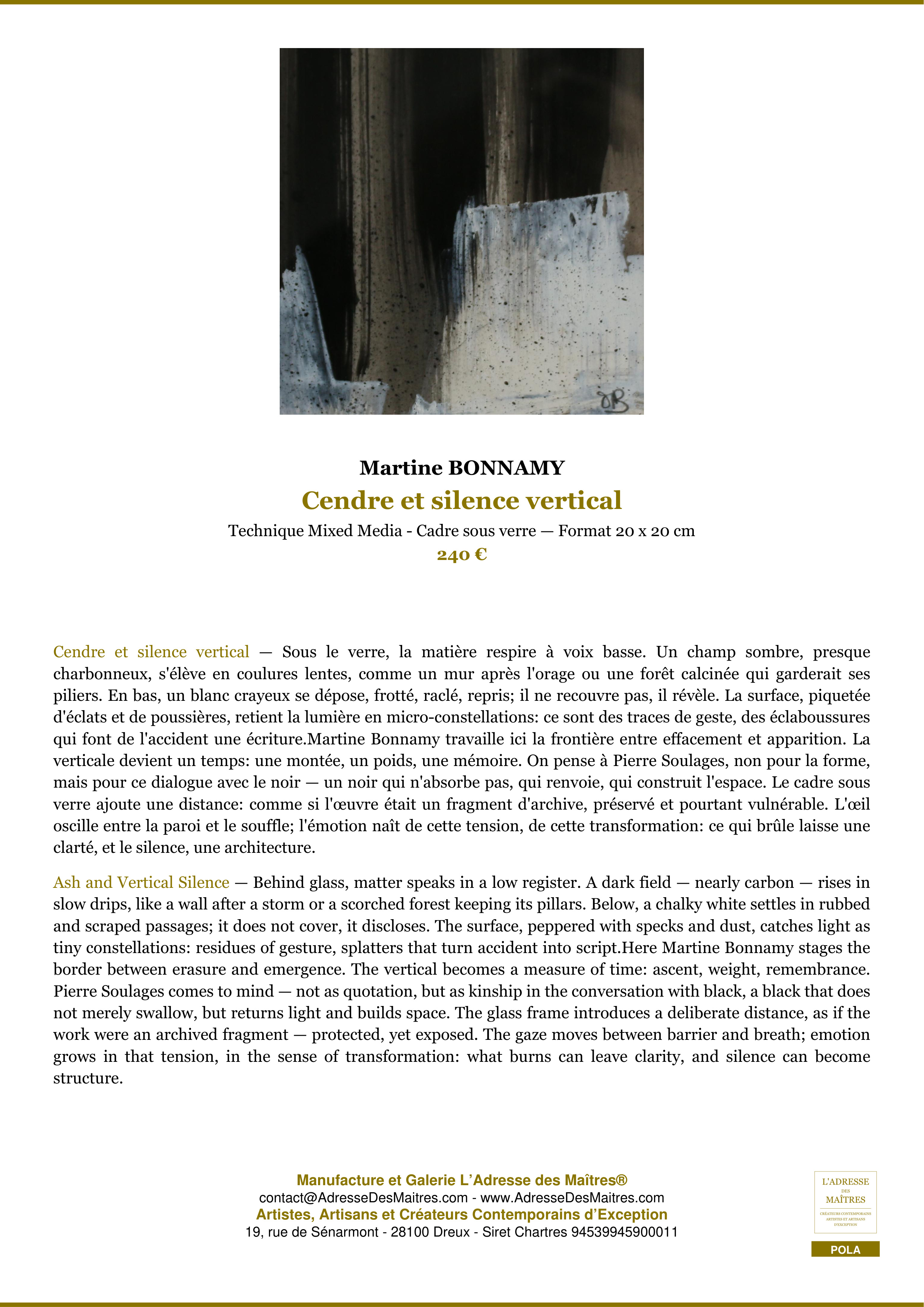 Fiche Premium — Cendre et silence vertical — Martine BONNAMY — L'Adresse des Maîtres®