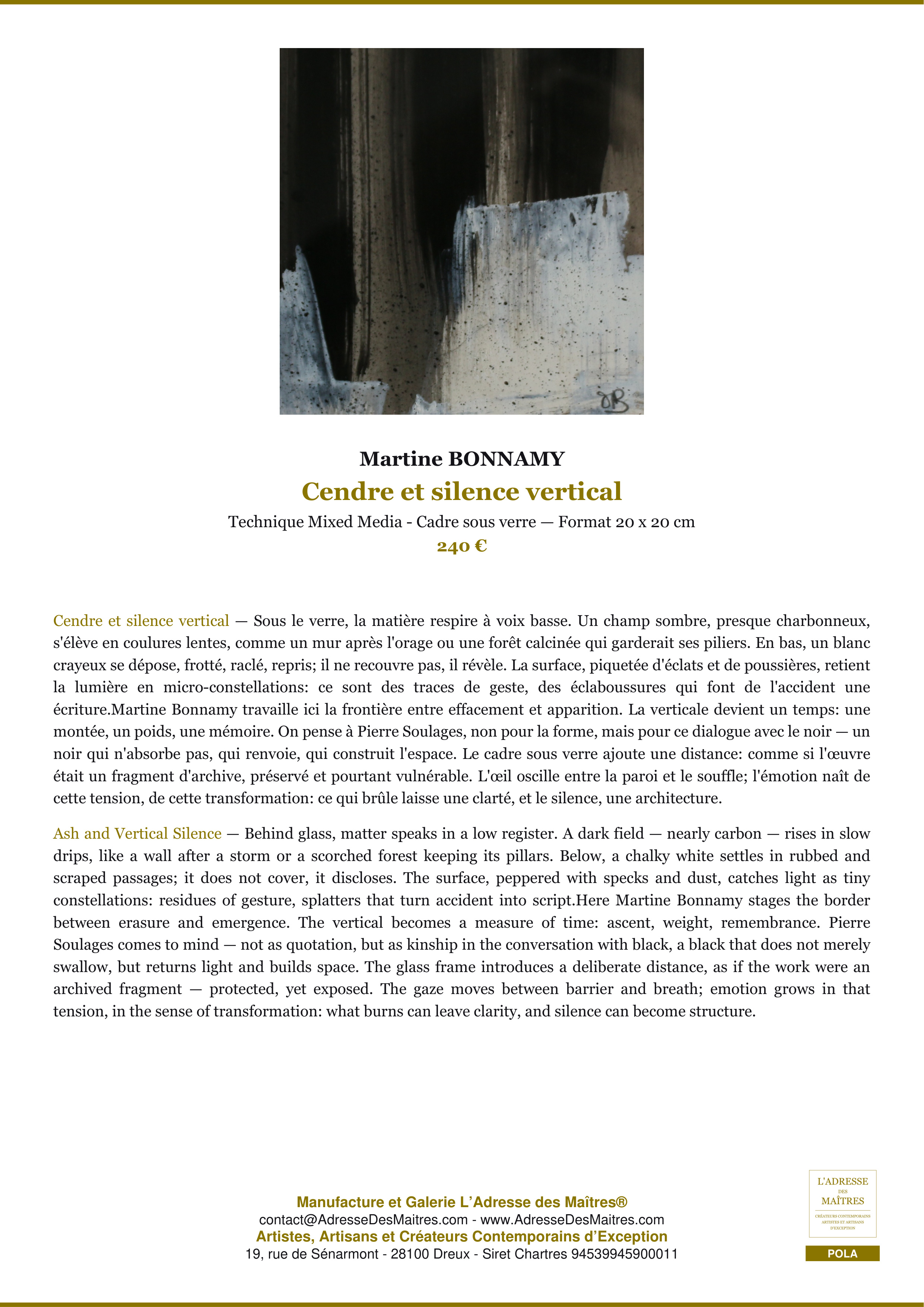 Fiche Premium — Cendre et silence vertical — Martine BONNAMY — L'Adresse des Maîtres®