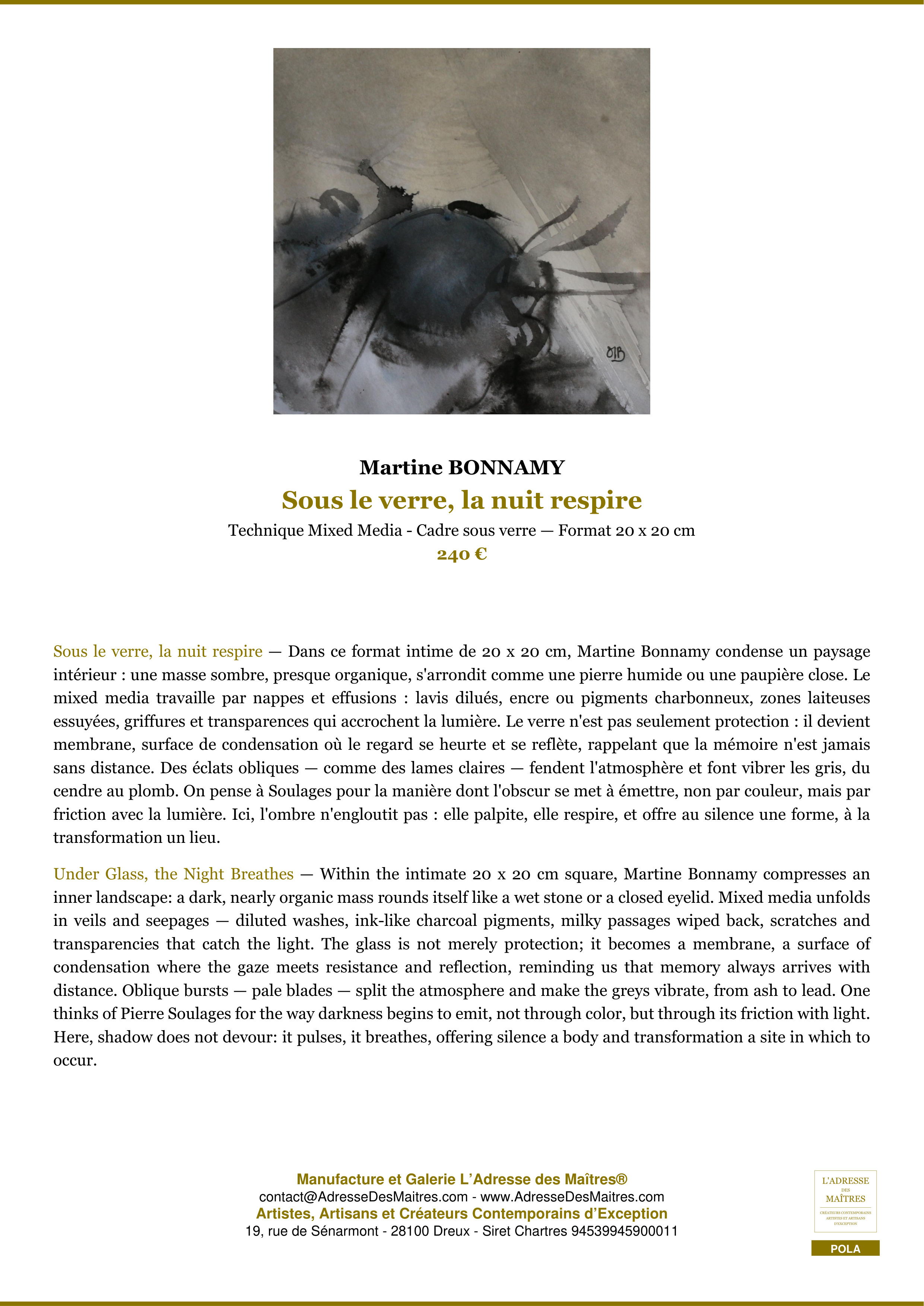 Fiche Premium — Sous le verre, la nuit respire — Martine BONNAMY — L'Adresse des Maîtres®