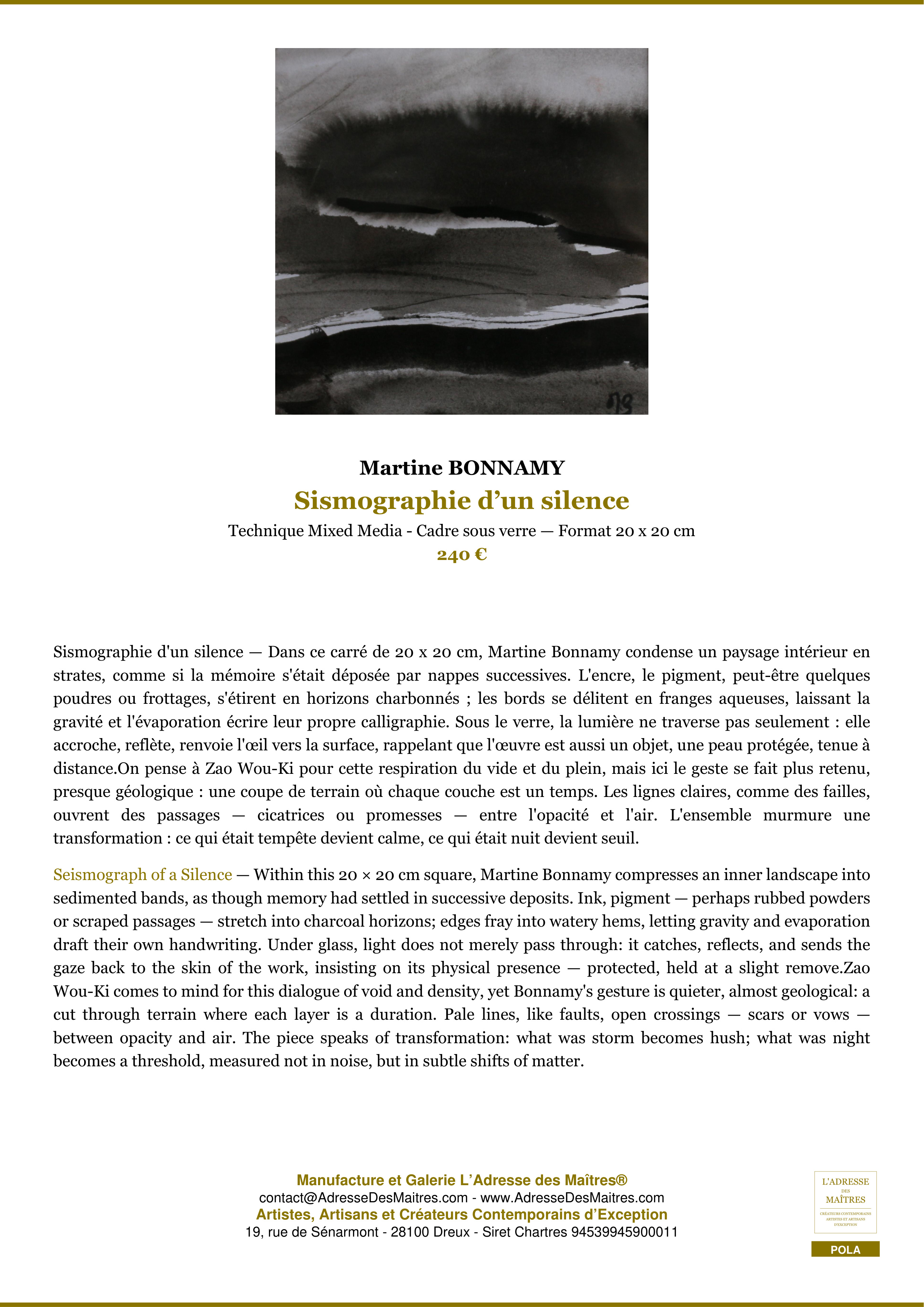 Fiche Premium — Sismographie d’un silence — Martine BONNAMY — L'Adresse des Maîtres®
