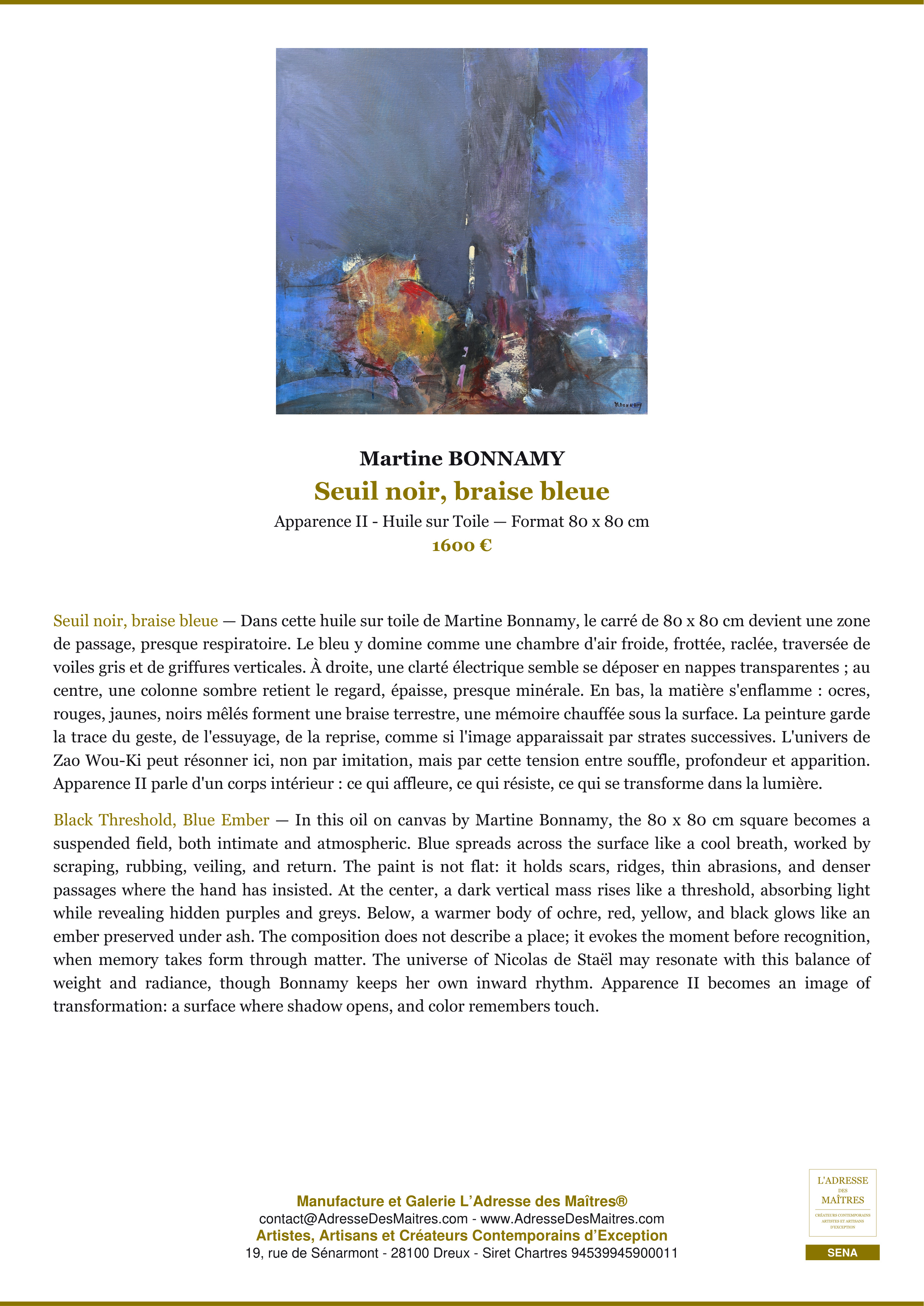 Fiche Premium — Seuil noir, braise bleue — Martine BONNAMY — L'Adresse des Maîtres®