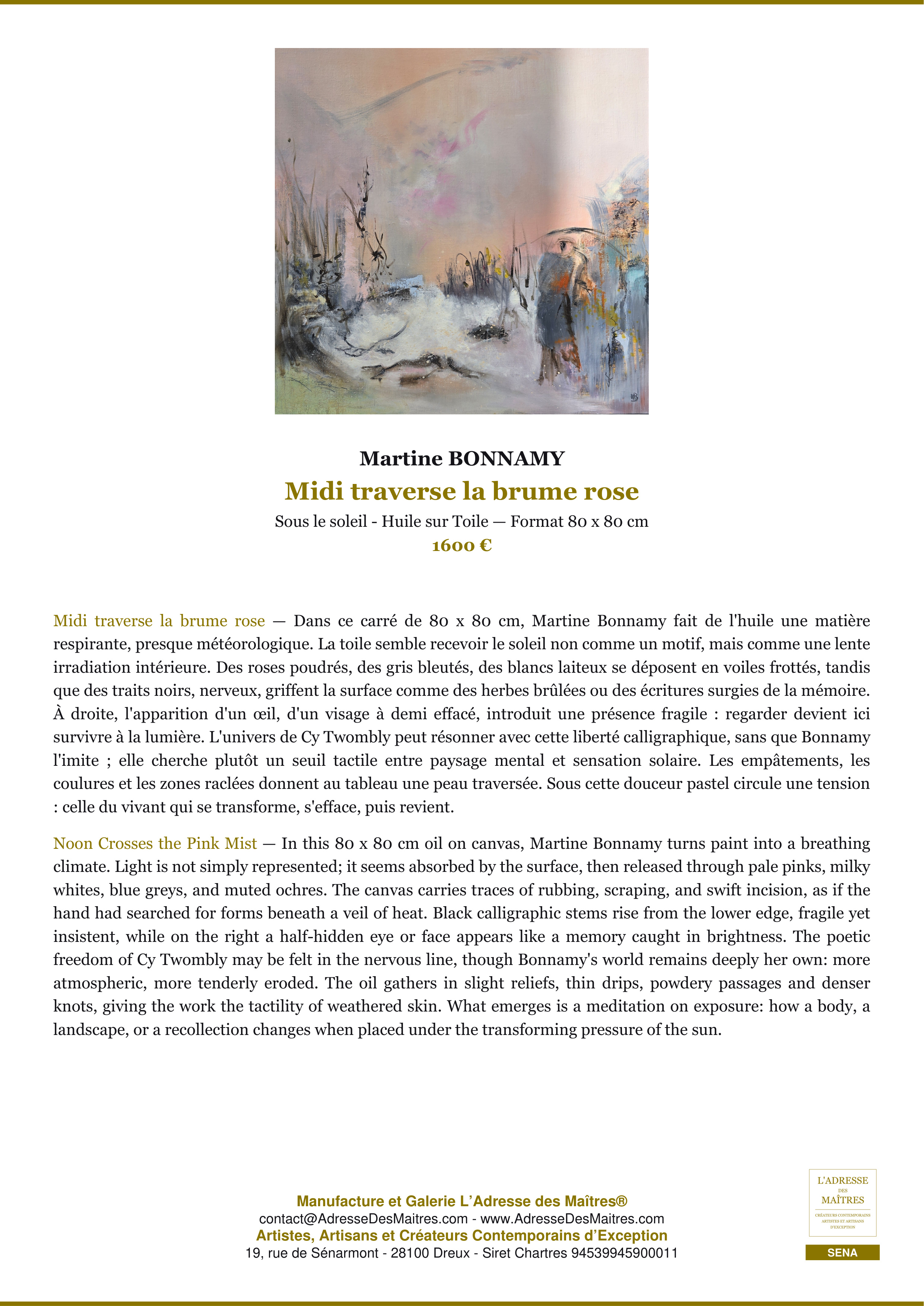 Fiche Premium — Midi traverse la brume rose — Martine BONNAMY — L'Adresse des Maîtres®