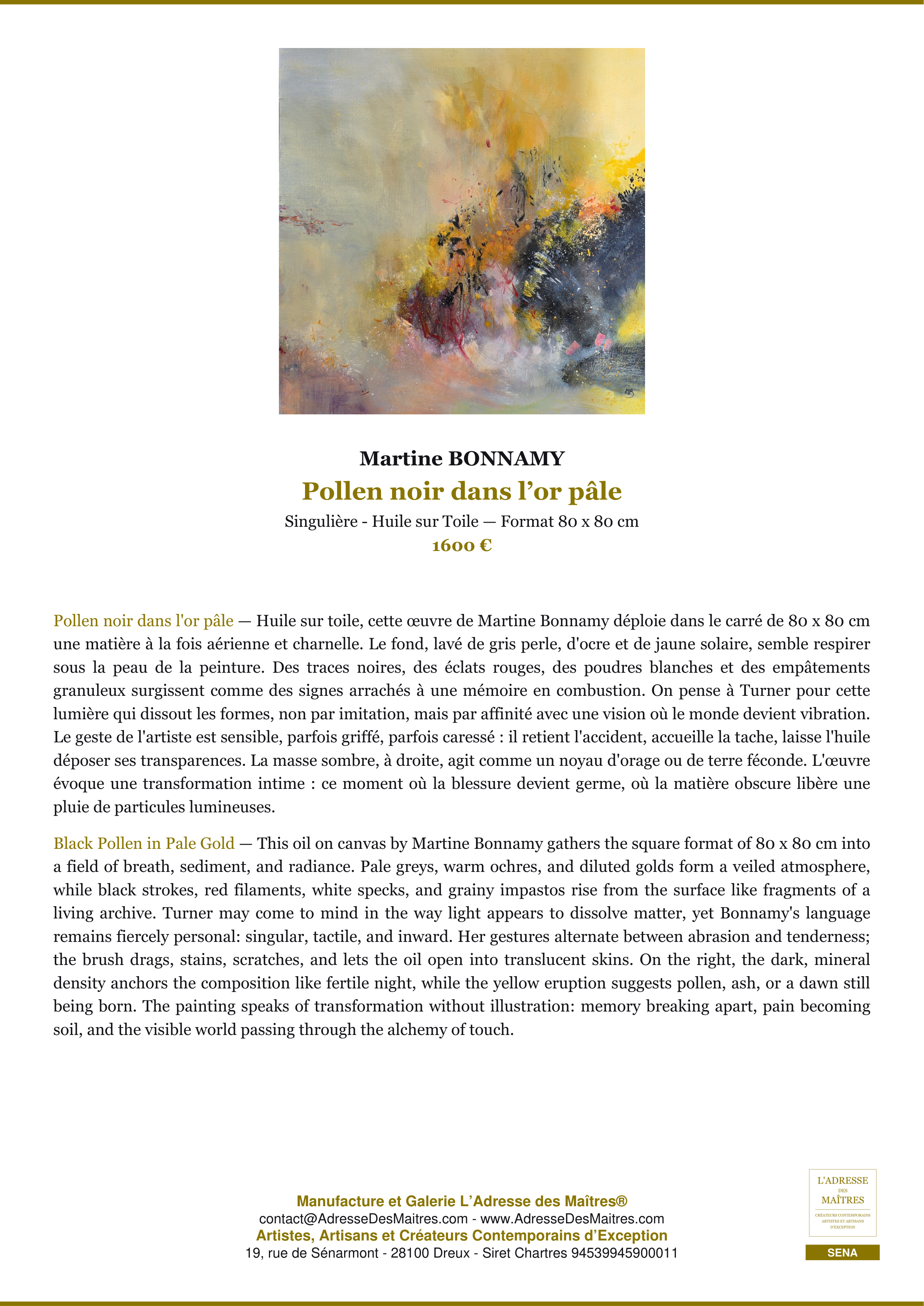 Fiche Premium — Pollen noir dans l’or pâle — Martine BONNAMY — L'Adresse des Maîtres®