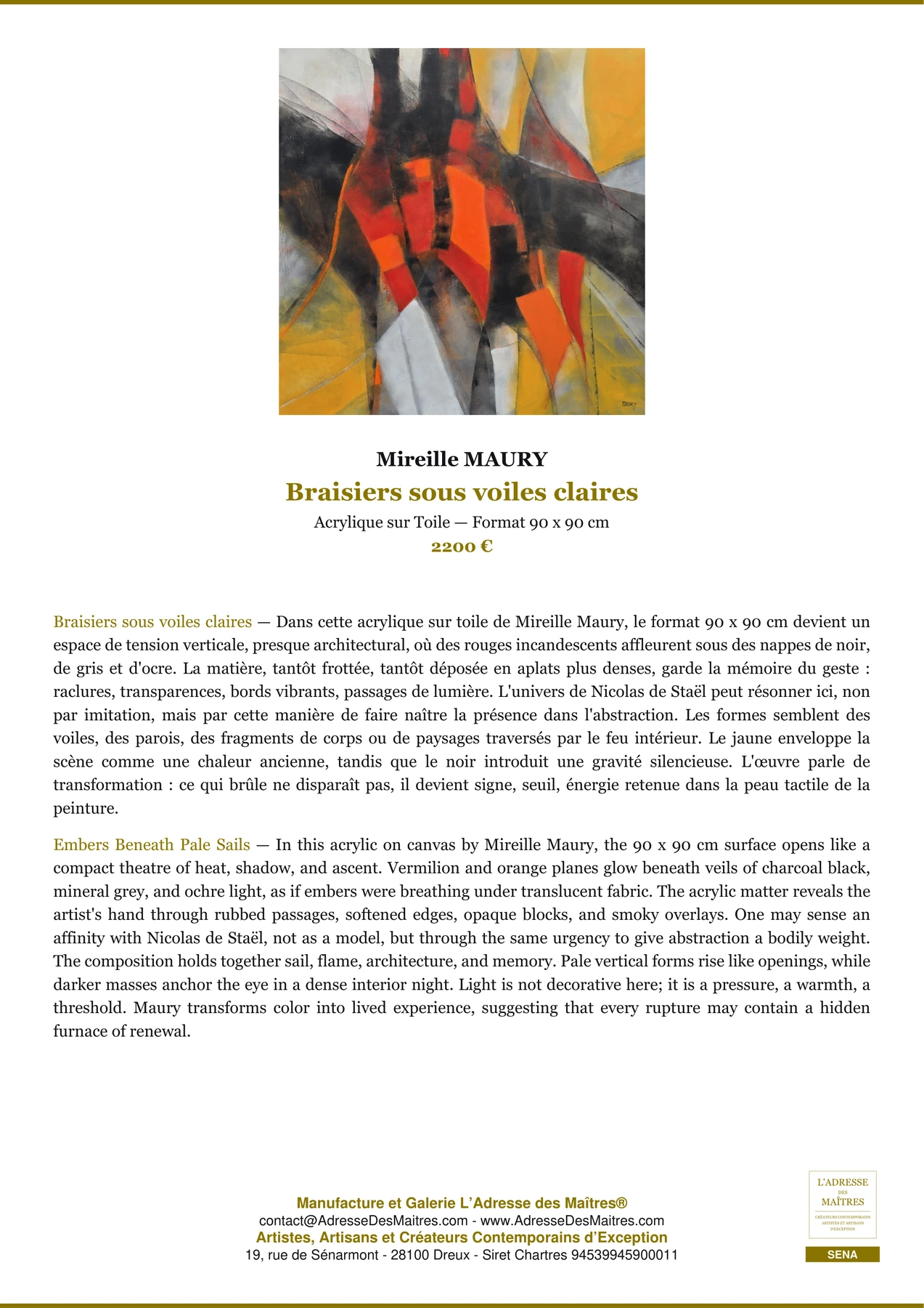 Fiche Premium — Braisiers sous voiles claires — Mireille MAURY — L'Adresse des Maîtres®