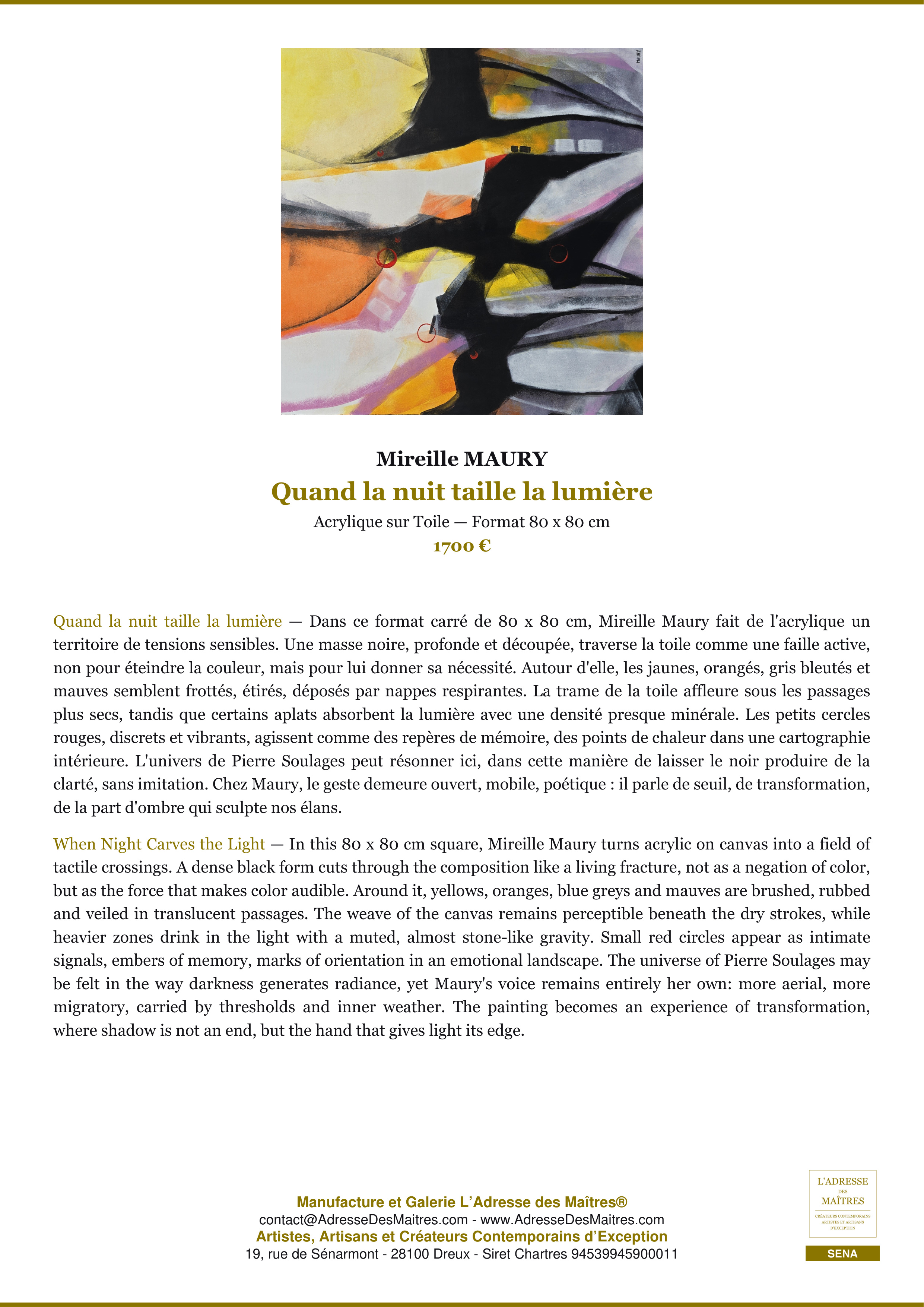 Fiche Premium — Quand la nuit taille la lumière — Mireille MAURY — L'Adresse des Maîtres®